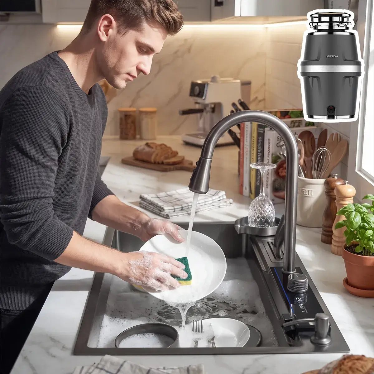 Lefton 33"x22" Waterfall Kitchen Sink Set-KS2205L with 3/4 HP Garbage Disposals LGD-714 -Kitchen Sink and Garbage Disposal- Lefton Home