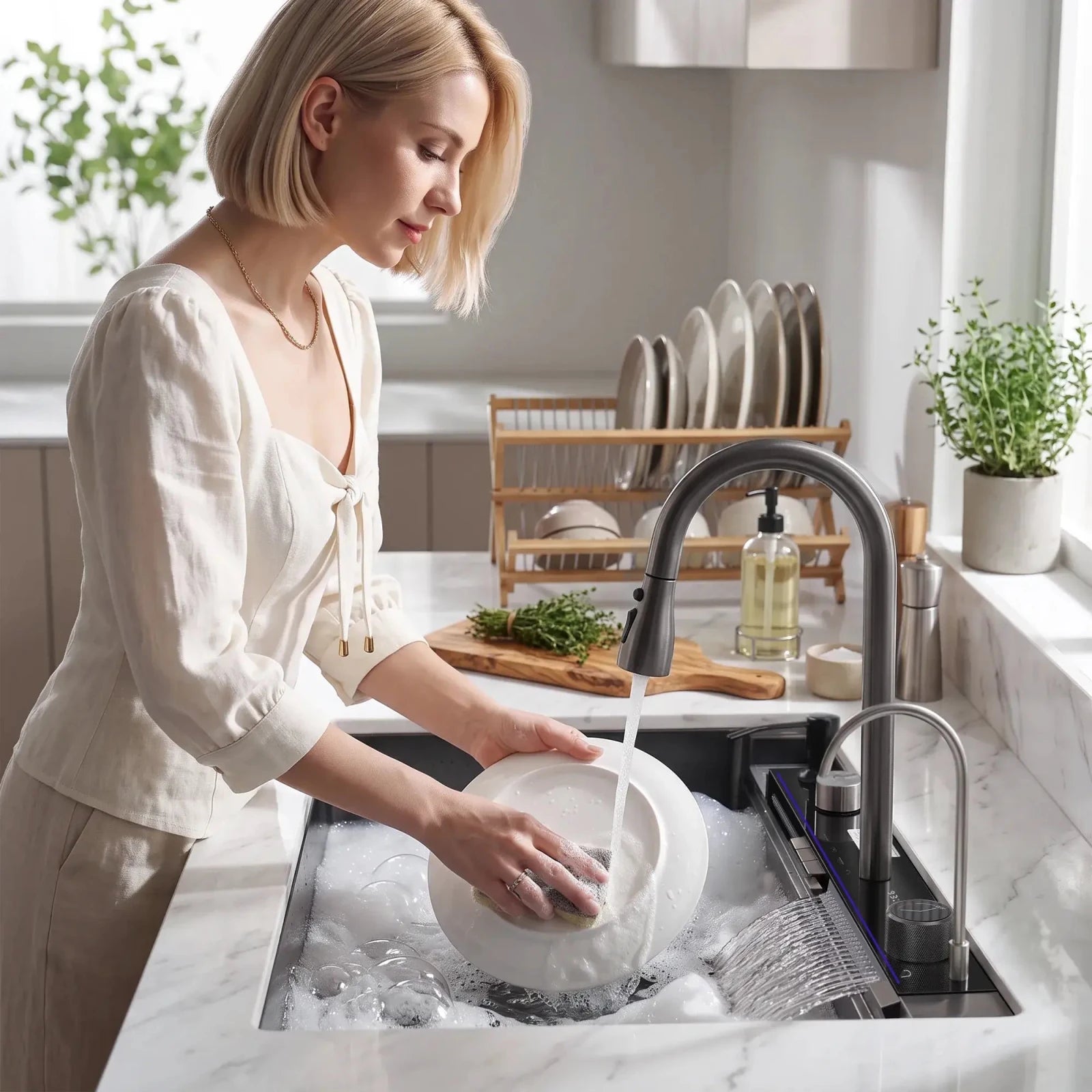 Lefton 33"x22" Waterfall Single Bowl Workstation Kitchen Sink with Digital Temperature Display-KS2206L-PRO -Kitchen Sinks- Lefton Home