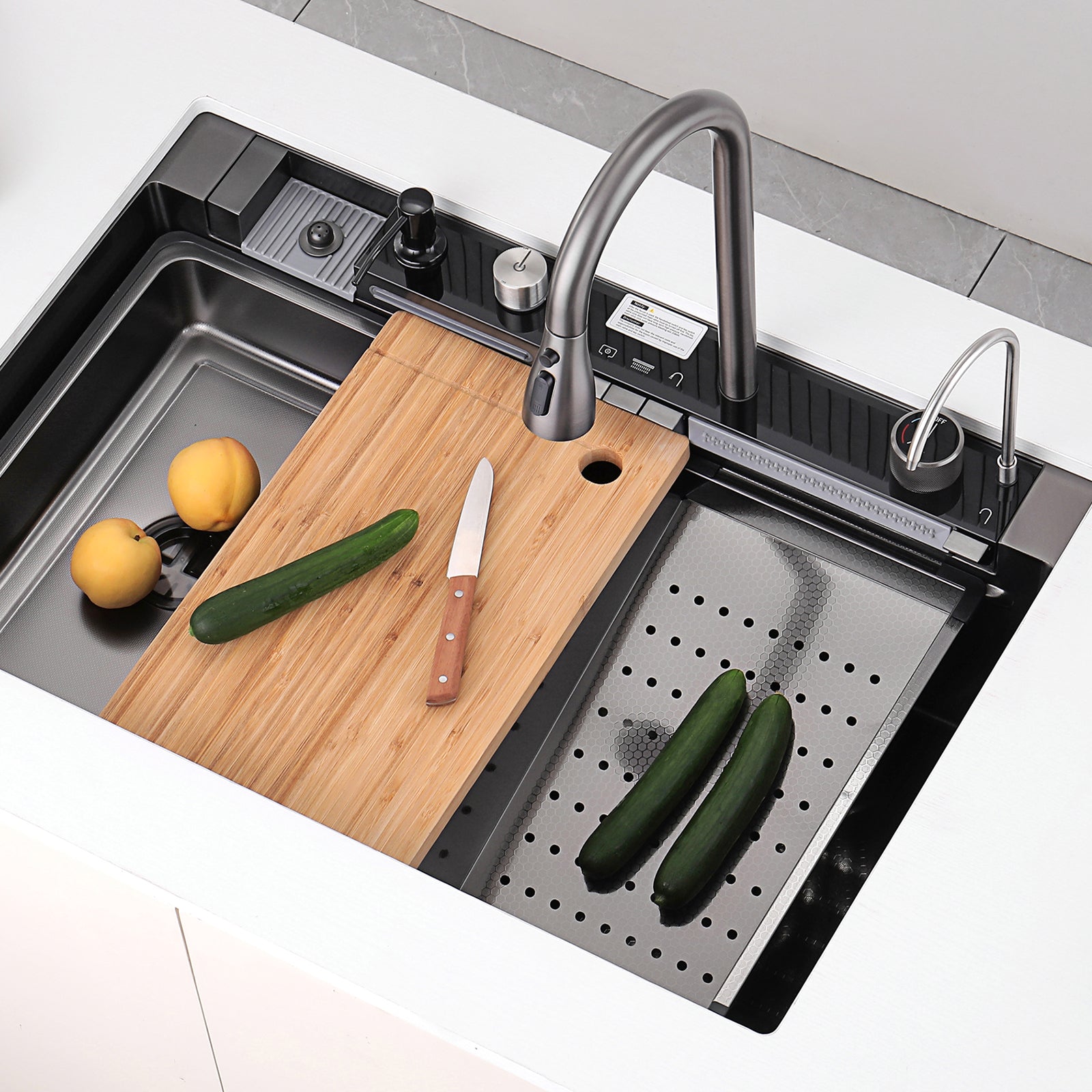 Lefton 33"x22" Waterfall Stainless Steel Single Bowl Workstation Kitchen Sink with Digital Temperature Display - KS2206L - PRO - Kitchen Sinks - Lefton Home