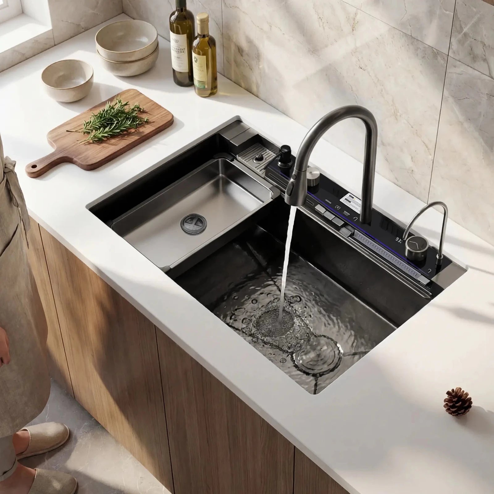 Lefton 33"x22" Waterfall Stainless Steel Single Bowl Workstation Kitchen Sink with Digital Temperature Display - KS2206L - PRO - Kitchen Sinks - Lefton Home