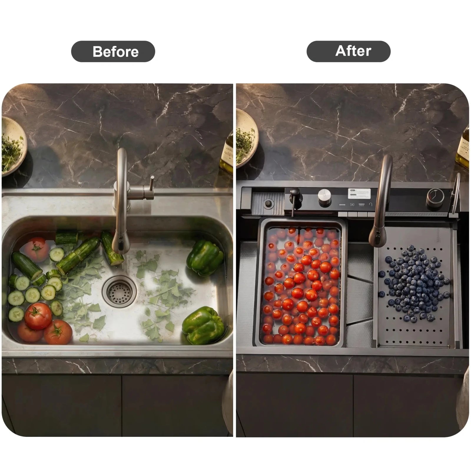 Lefton 33"x22" Waterfall Stainless Steel Single Bowl Workstation Kitchen Sink with Digital Temperature Display - KS2206L - PRO - Kitchen Sinks - Lefton Home