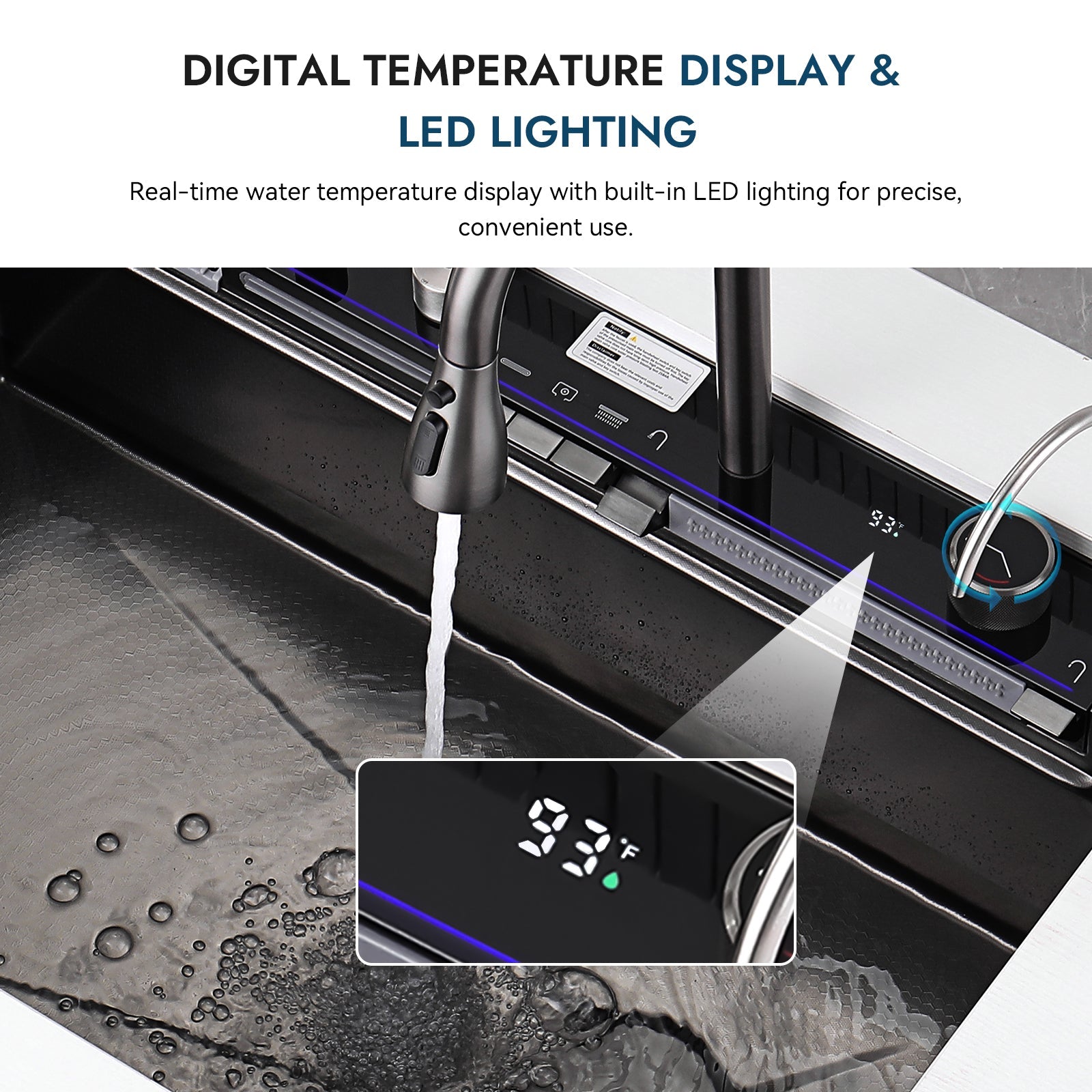 Lefton 33"x22" Waterfall Stainless Steel Single Bowl Workstation Kitchen Sink with Digital Temperature Display - KS2206L - PRO - Kitchen Sinks - Lefton Home