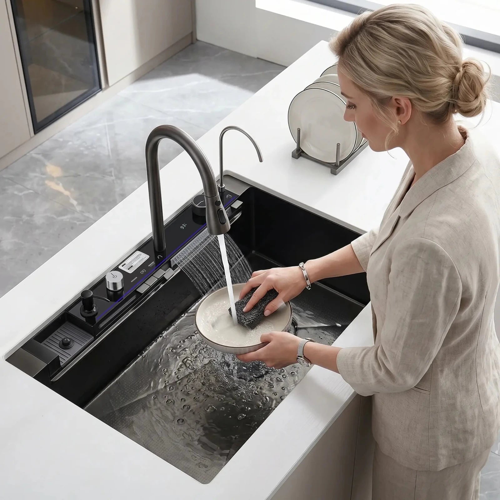 Lefton 33"x22" Waterfall Stainless Steel Single Bowl Workstation Kitchen Sink with Digital Temperature Display - KS2206L - PRO - Kitchen Sinks - Lefton Home