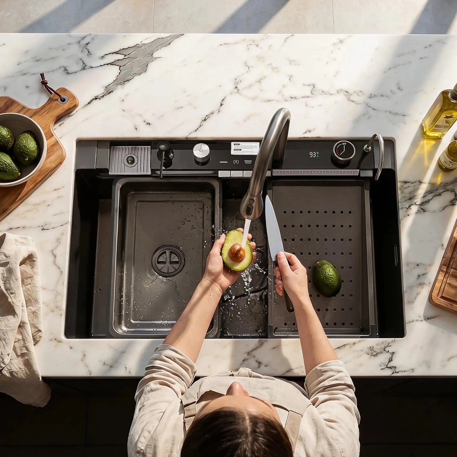 Lefton 33"x22" Waterfall Stainless Steel Single Bowl Workstation Kitchen Sink with Digital Temperature Display - KS2206L - PRO - Kitchen Sinks - Lefton Home