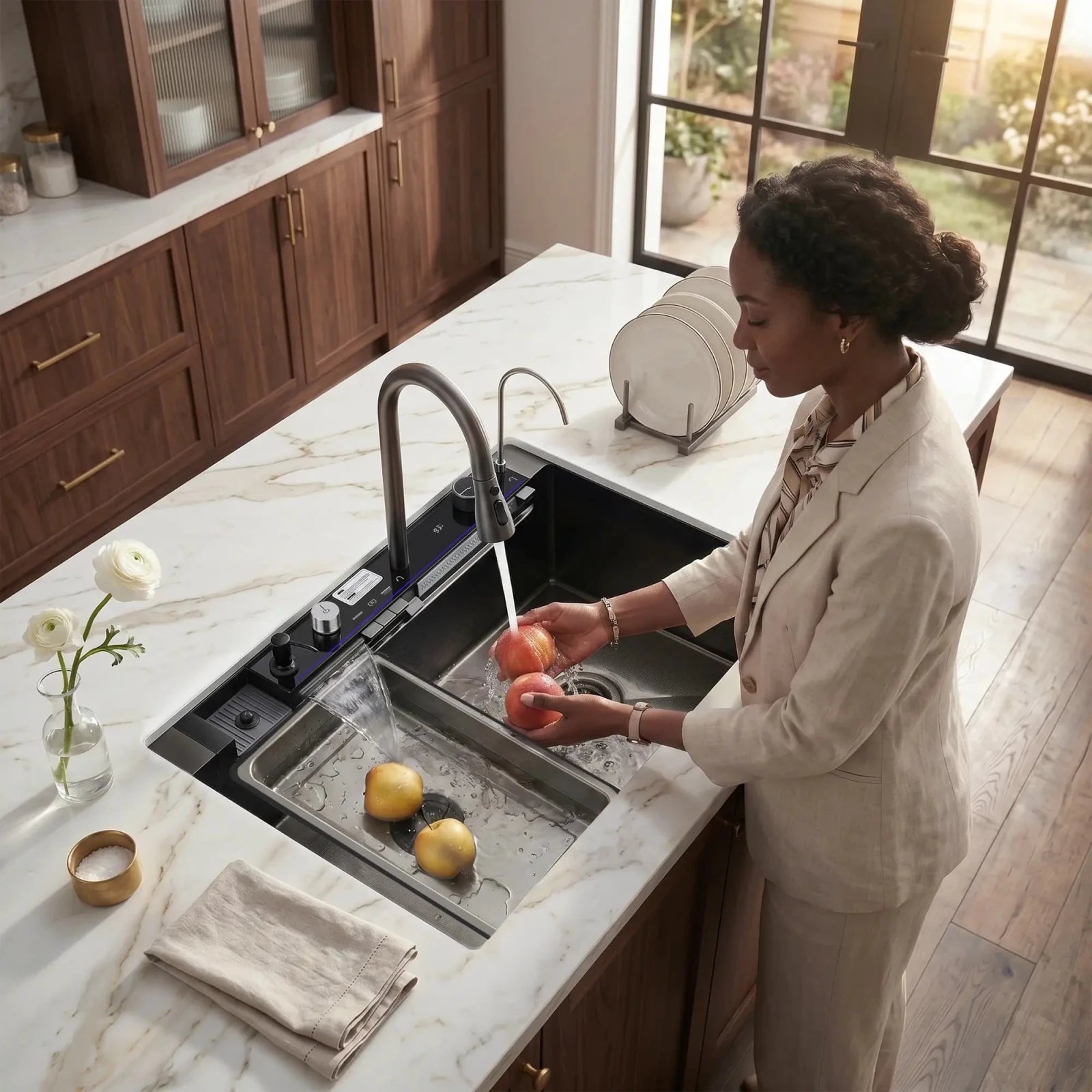 Lefton 33"x22" Waterfall Stainless Steel Single Bowl Workstation Kitchen Sink with Digital Temperature Display - KS2206L - PRO - Kitchen Sinks - Lefton Home