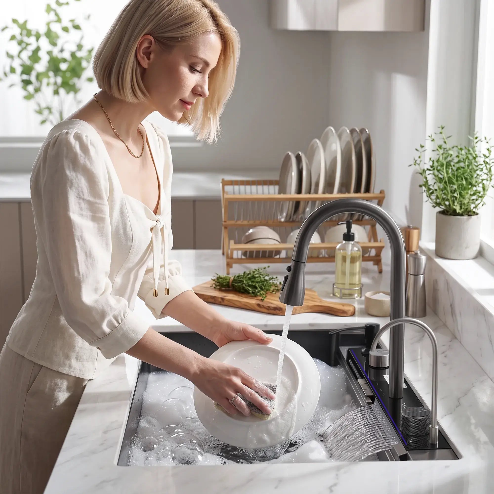 Lefton 33"x22" Waterfall Stainless Steel Single Bowl Workstation Kitchen Sink with Digital Temperature Display - KS2206L - PRO - Kitchen Sinks - Lefton Home