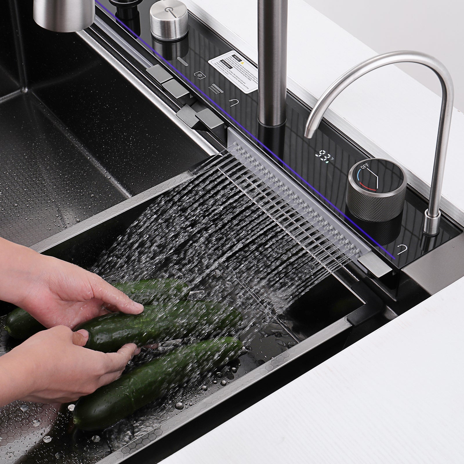 Black Nano Kitchen Sink 304 Stainless Steel Waterfall Sink Single Bowl Workstation Kitchen Sink With Multifunctional Top Loading Flying Rain Pull-Out