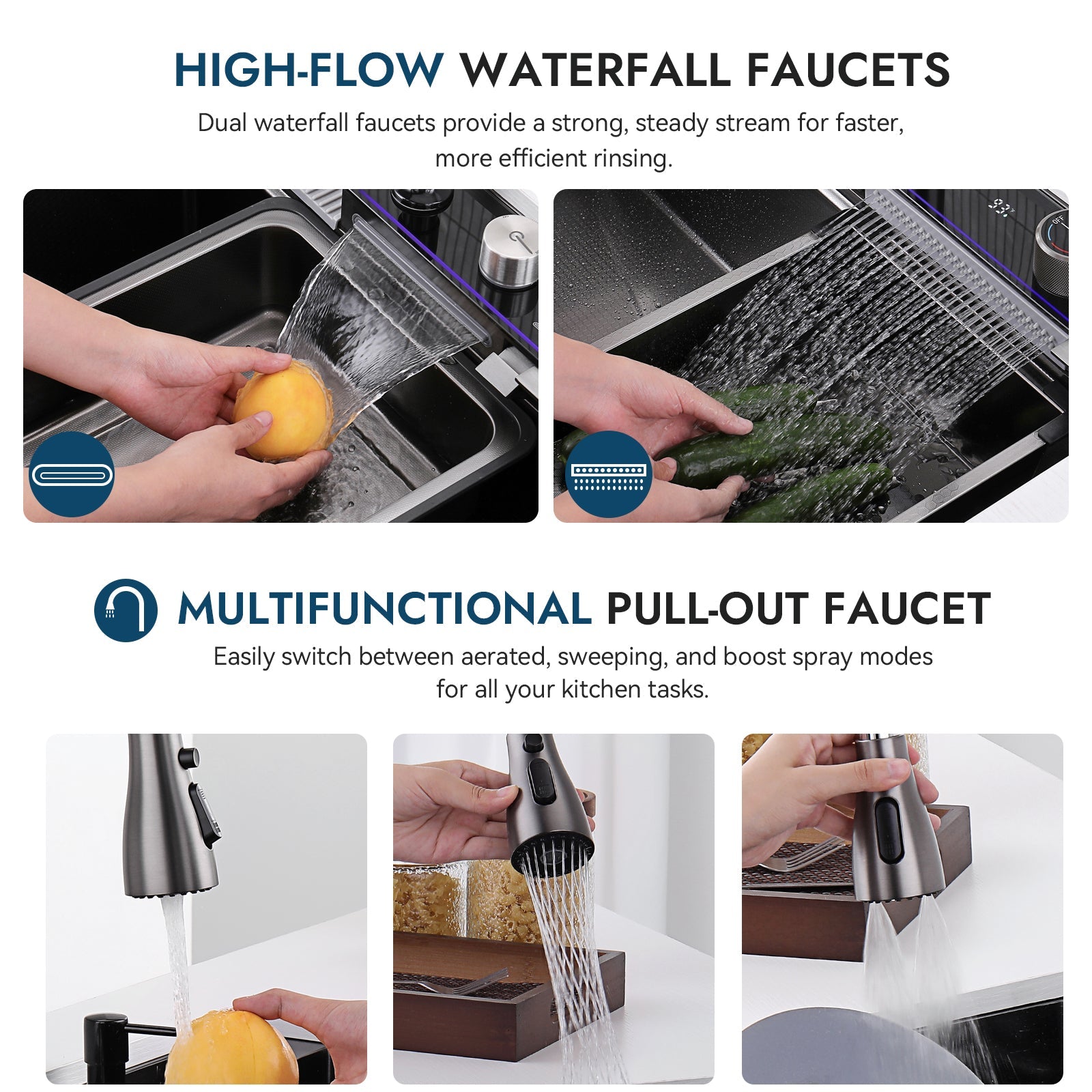 Lefton 33"x22" Waterfall Stainless Steel Single Bowl Workstation Kitchen Sink with Digital Temperature Display - KS2206L - PRO - Kitchen Sinks - Lefton Home