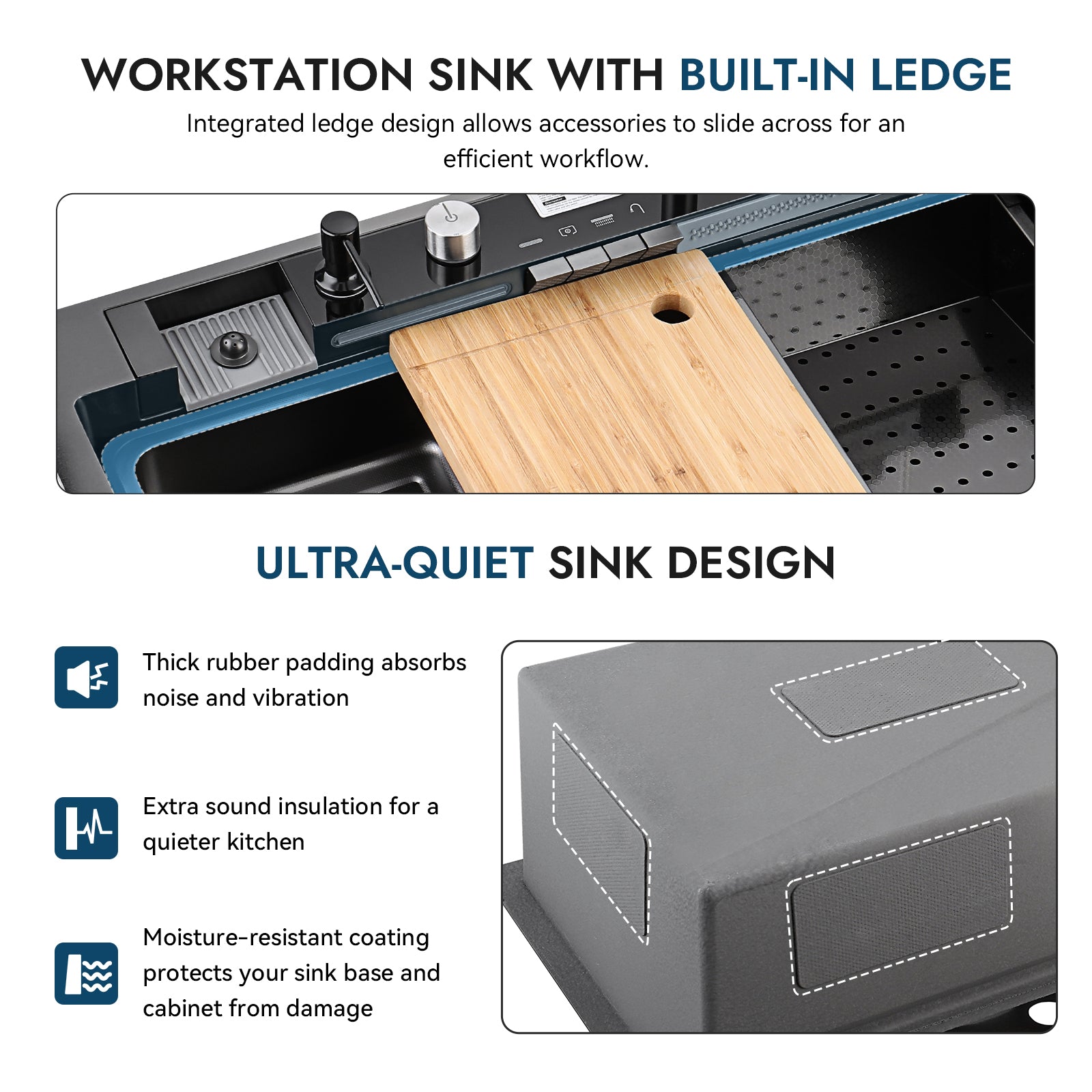 Lefton 33"x22" Waterfall Stainless Steel Single Bowl Workstation Kitchen Sink with Digital Temperature Display - KS2206L - PRO - Kitchen Sinks - Lefton Home