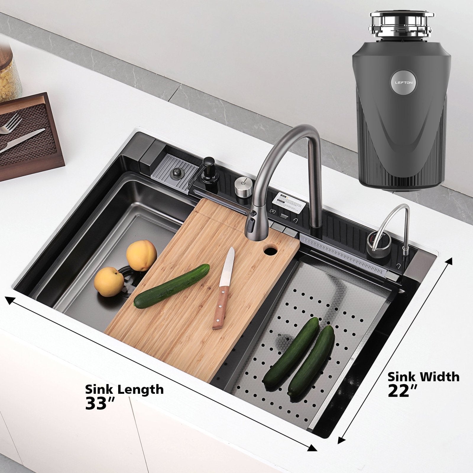 Lefton 33"x22" Waterfall Stainless Steel Single Bowl Workstation Kitchen Sink with Digital Temperature Display - KS2206L - PRO with 1 HP Garbage Disposal - LGD - 1010 - Kitchen Sinks & Garbage Disposal - Lefton Home