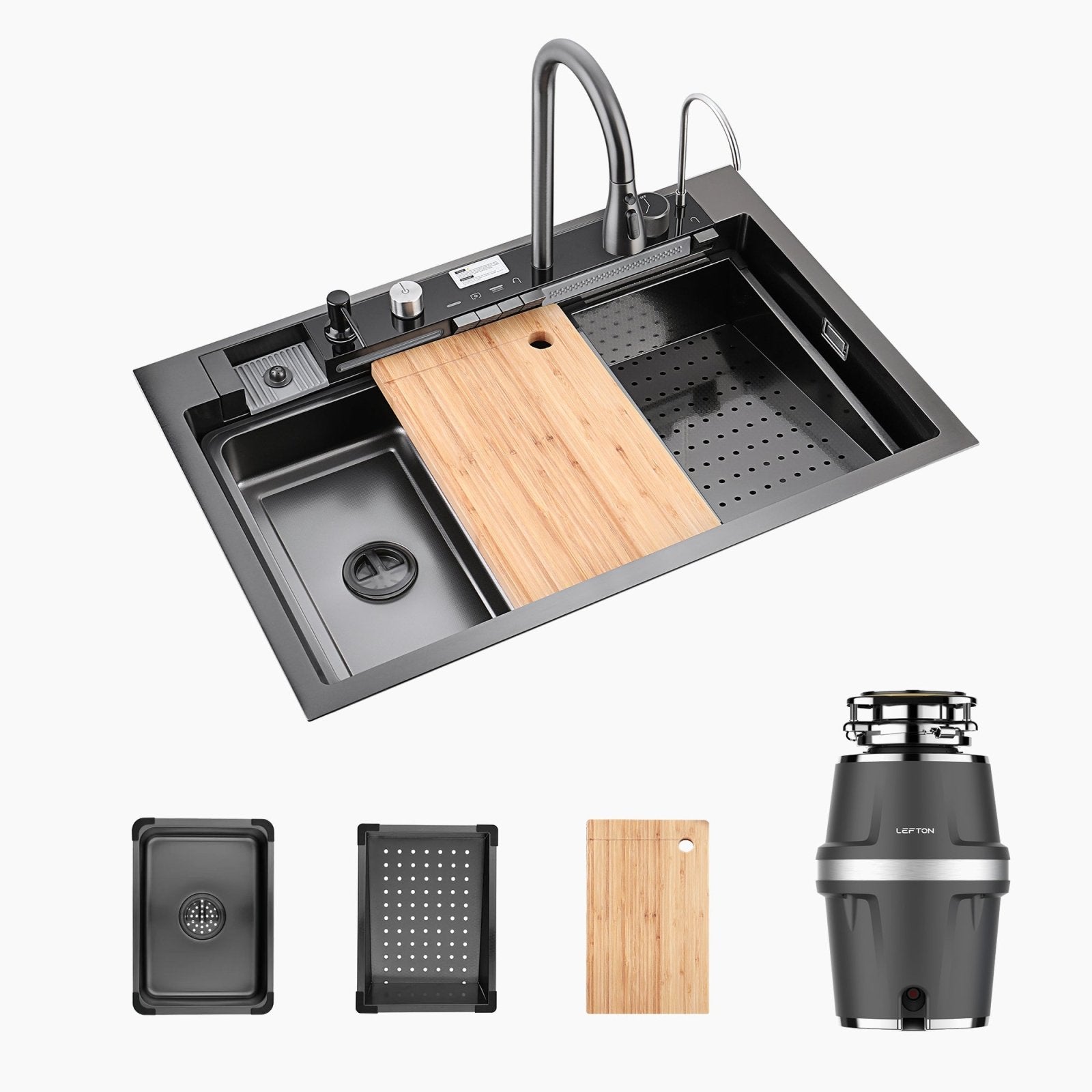 Lefton 33"x22" Waterfall Stainless Steel Single Bowl Workstation Kitchen Sink with Digital Temperature Display - KS2206L - PRO with 3/4 HP Garbage Disposal - LGD - 714 - Kitchen Sink and Garbage Disposal - Lefton Home