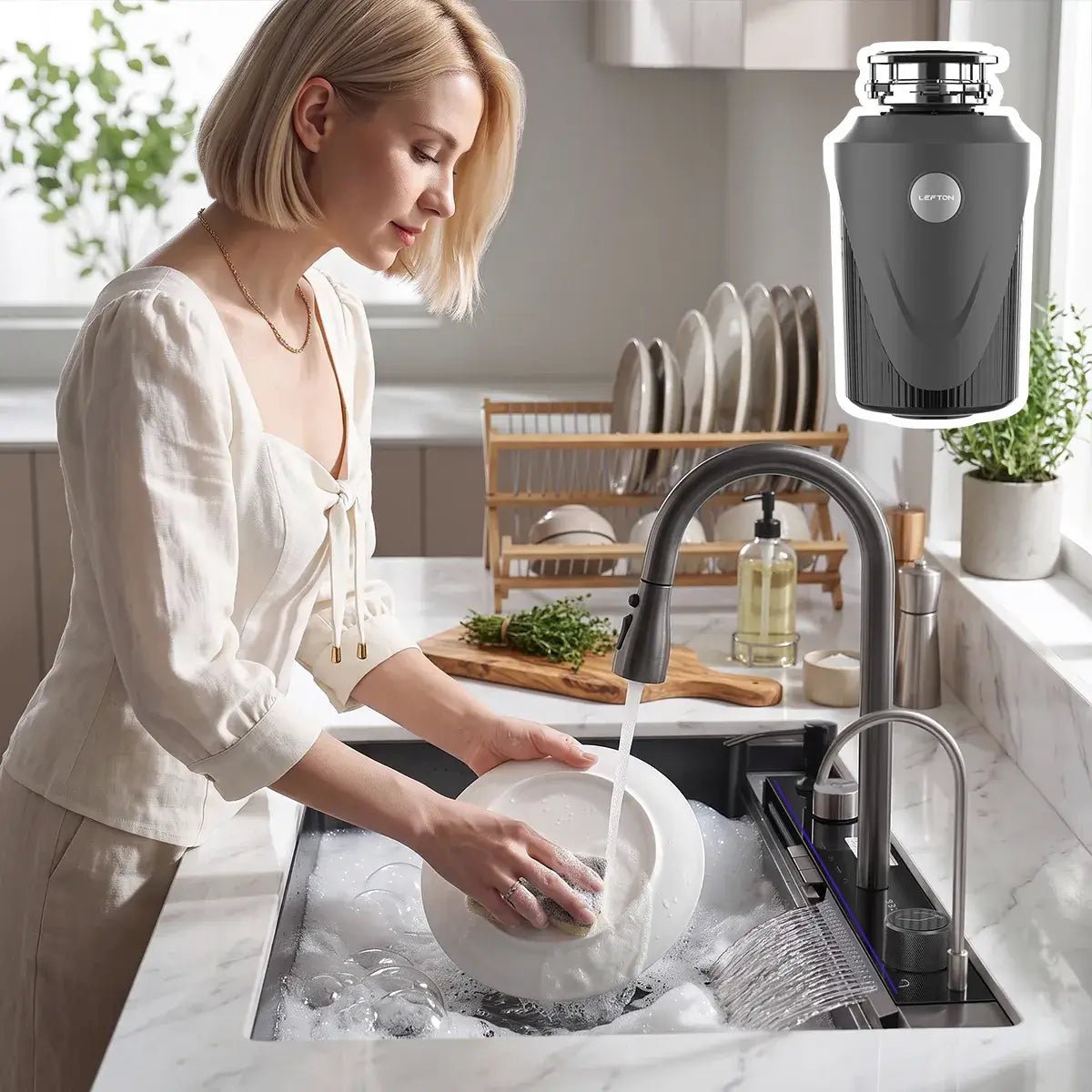 Lefton 33"x22" Waterfall Workstation Kitchen Sink-KS2206L-PRO with 1 HP Garbage Disposal-LGD-1010 -Kitchen Sink and Garbage Disposal- Lefton Home