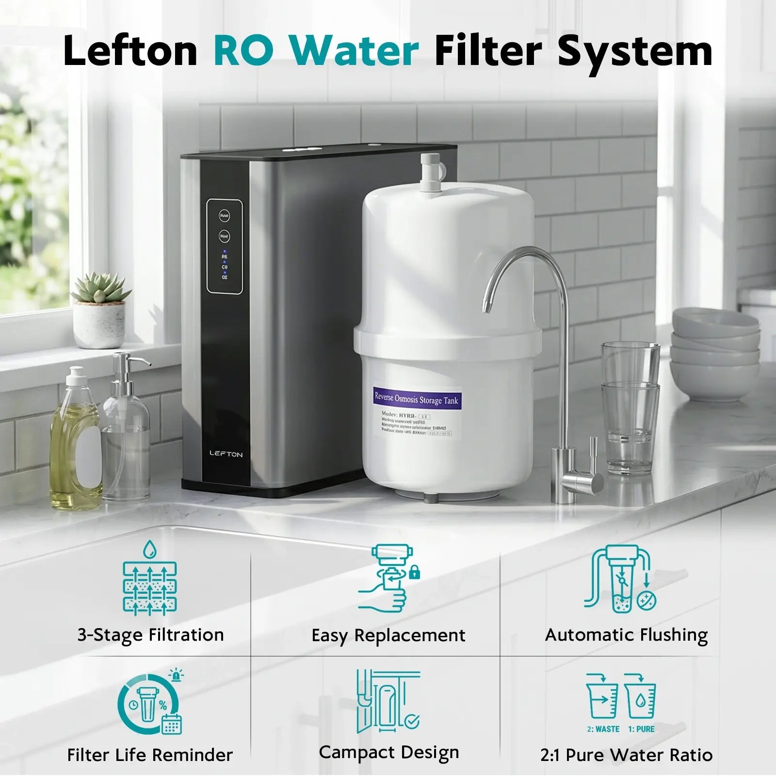 Lefton 33"x22" Waterfall Workstation Kitchen Sink-KS2206L-PRO with Reverse Osmosis Water Filtration System-WF02 -Kitchen Sinks- Lefton Home