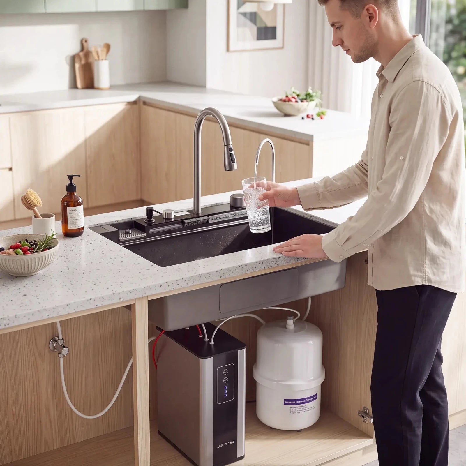 Lefton 33"x22" Waterfall Workstation Kitchen Sink-KS2206L-PRO with Reverse Osmosis Water Filtration System-WF02 -Kitchen Sinks- Lefton Home