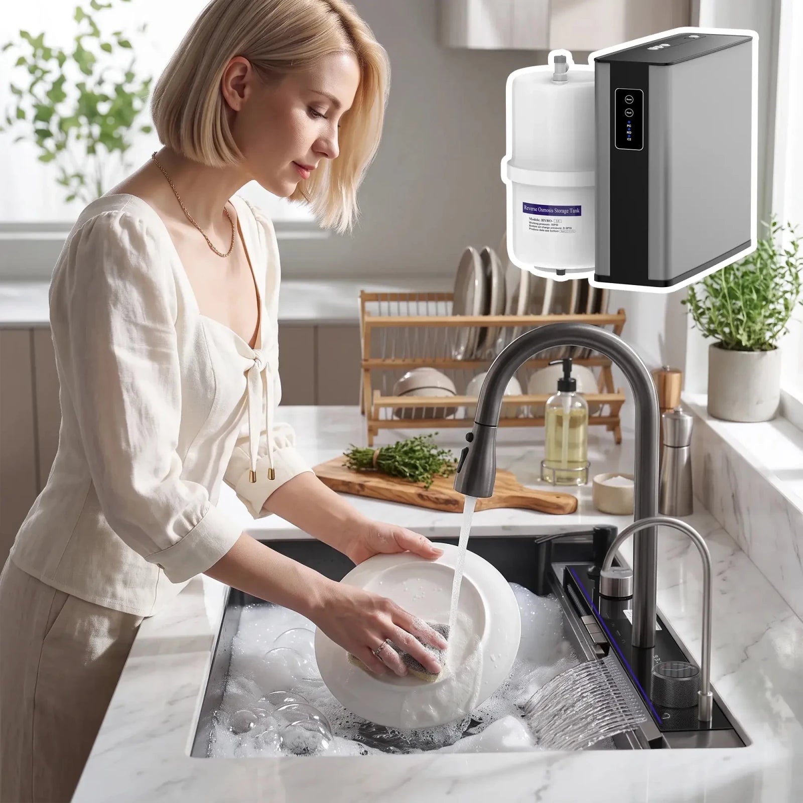 Lefton 33"x22" Waterfall Workstation Kitchen Sink-KS2206L-PRO with Reverse Osmosis Water Filtration System-WF02 -Kitchen Sinks- Lefton Home