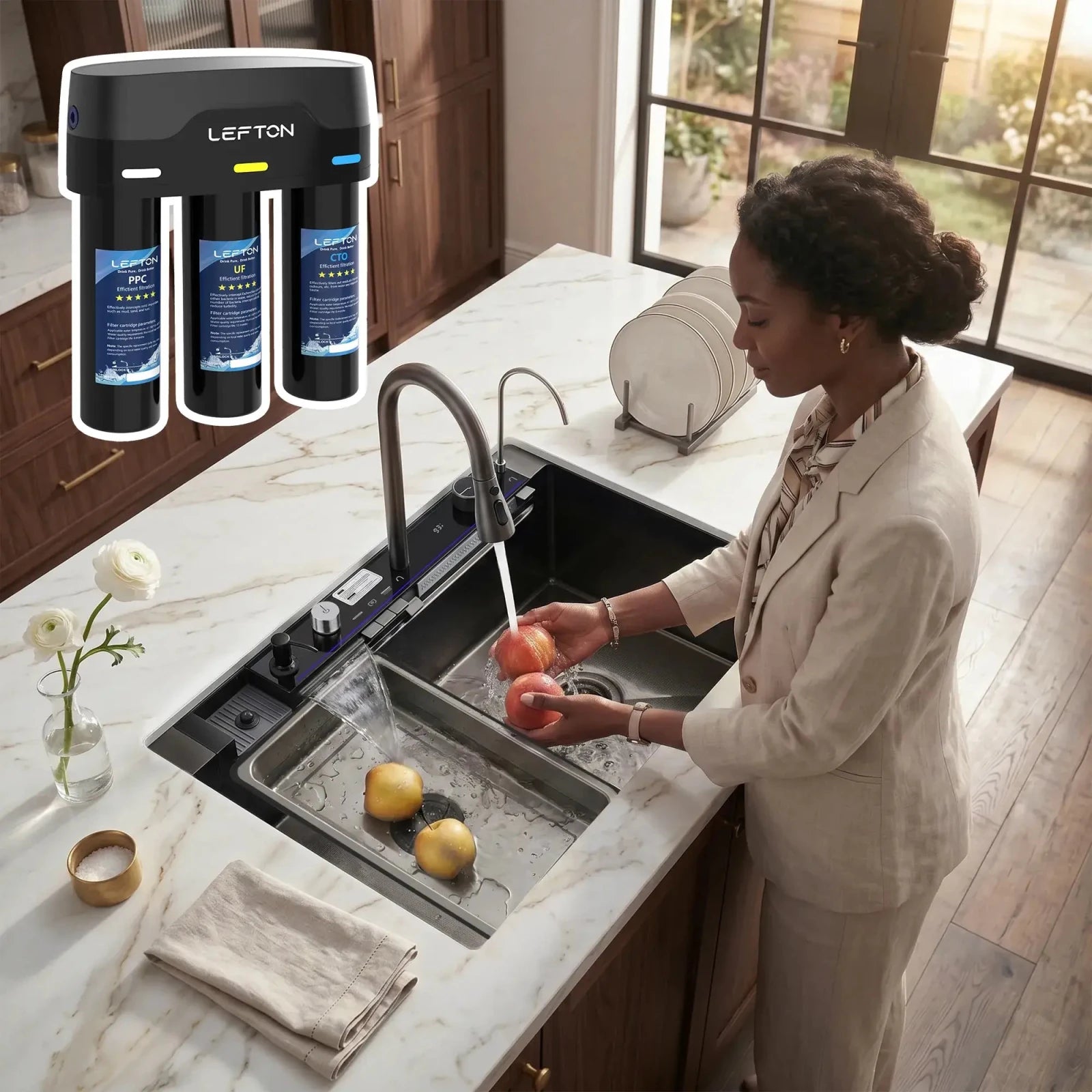 Lefton 33"x22" Waterfall Workstation Kitchen Sink-KS2206L-PRO with Tankless Water Filtration System-WF01 -Kitchen Sinks- Lefton Home
