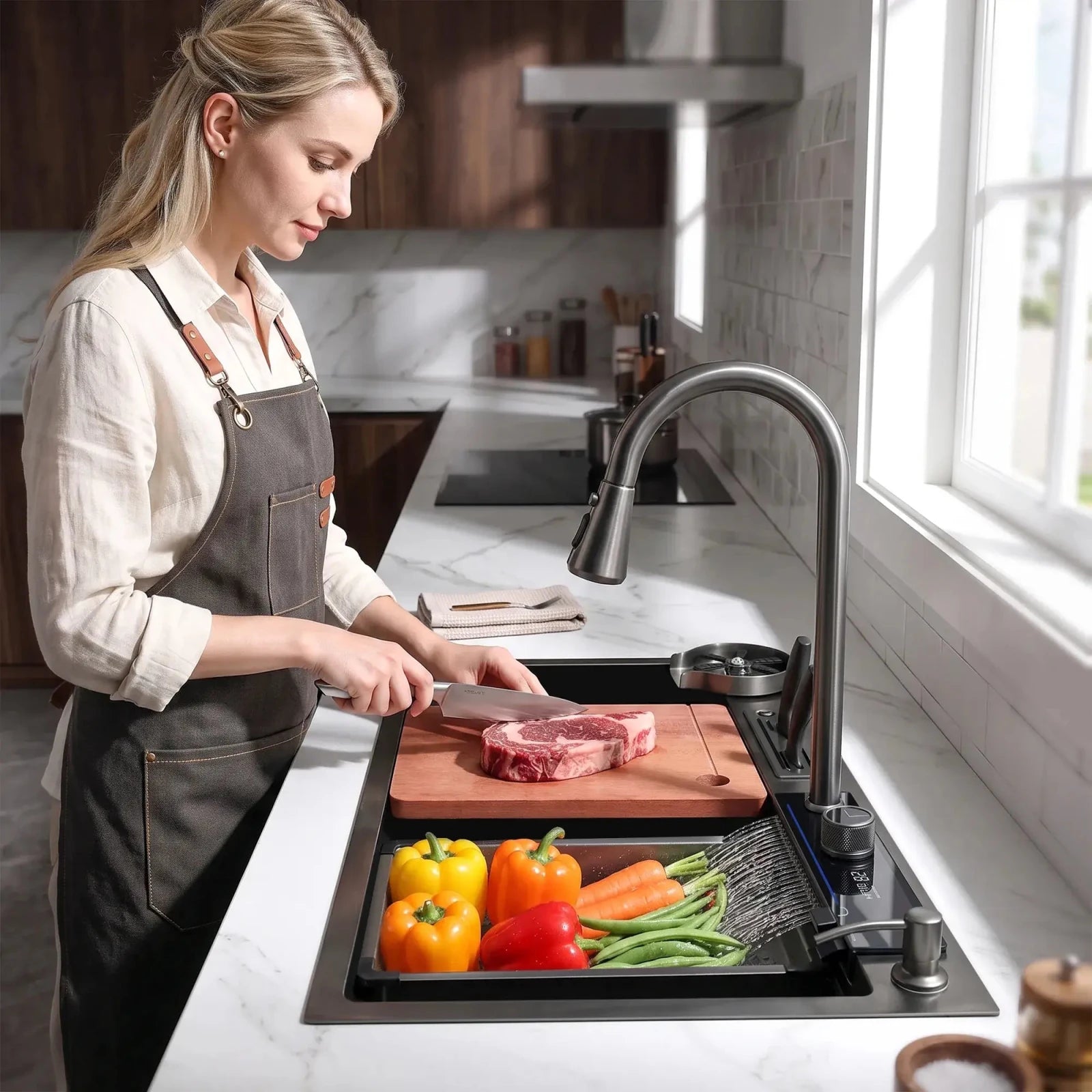 Lefton 33"x22" Waterfall Workstation Kitchen Sink Set Digital Temperature Display-KS2205L -Kitchen Sinks- Lefton Home