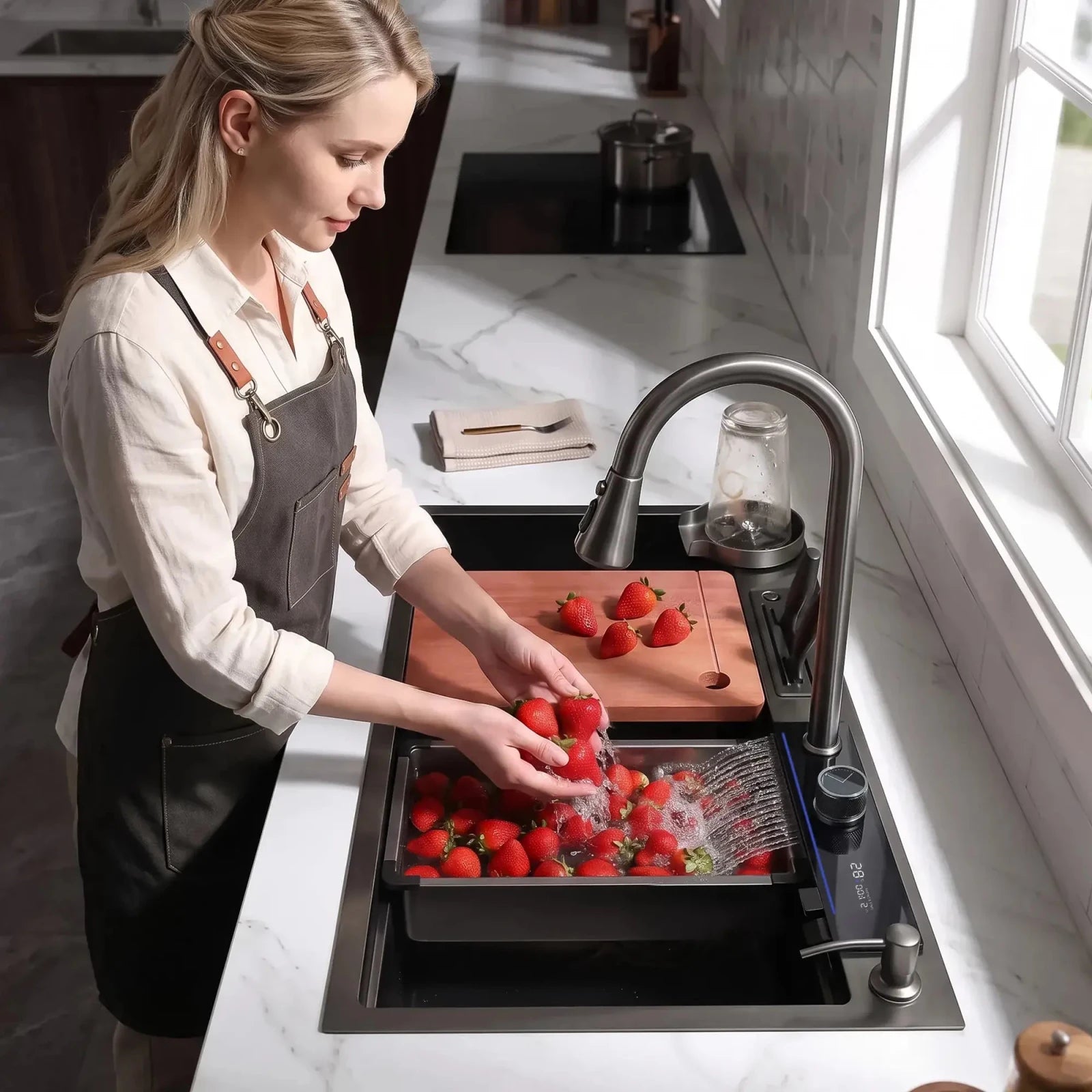 Lefton 33"x22" Waterfall Workstation Kitchen Sink Set Digital Temperature Display-KS2205L -Kitchen Sinks- Lefton Home