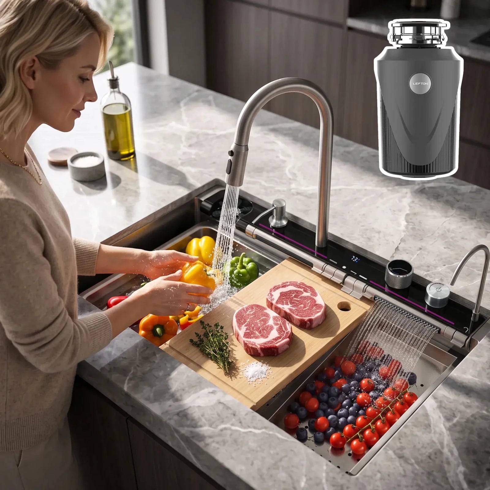 Lefton 33"x22" Workstation Kitchen Sink-KS2207L-PRO with 1 HP Garbage Disposal-LGD-1010 -Kitchen Sink and Garbage Disposal- Lefton Home
