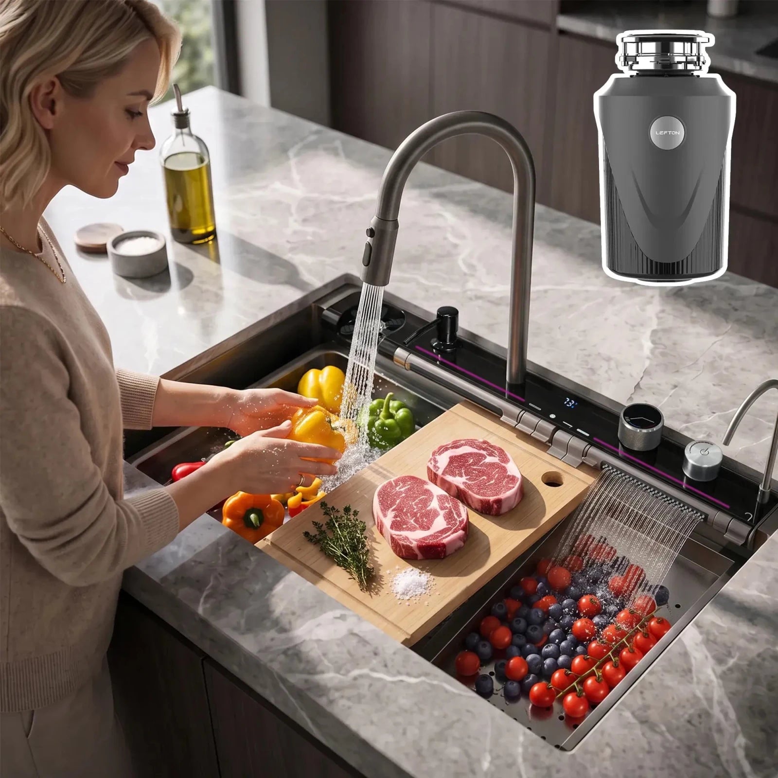 Lefton 33"x22" Workstation Kitchen Sink-KS2207L-PRO with 1 HP Garbage Disposal-LGD-1010 -Kitchen Sink and Garbage Disposal- Lefton Home