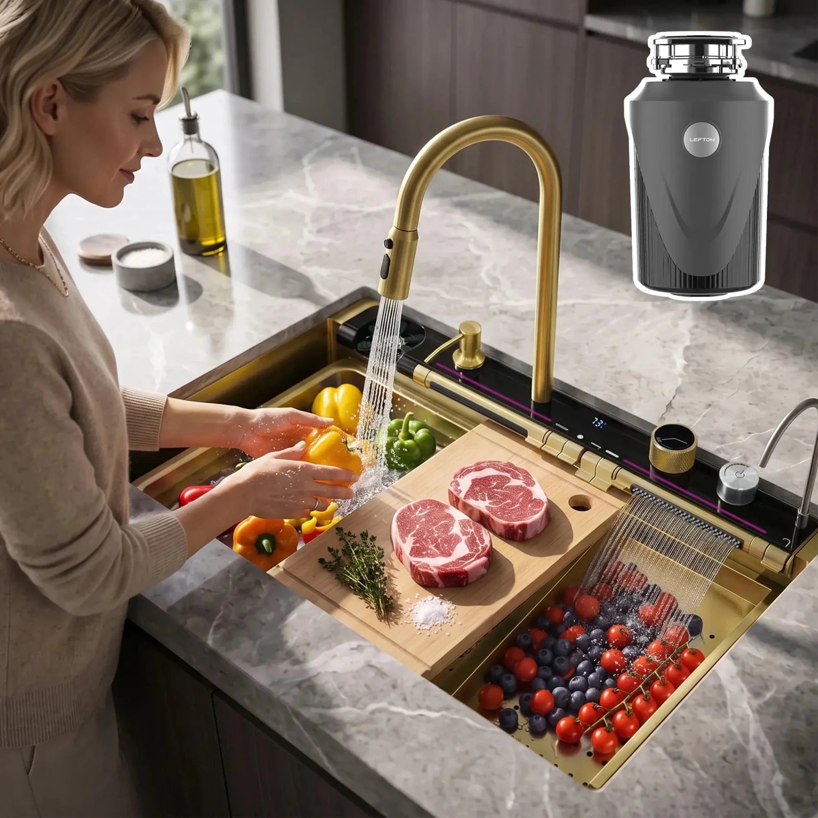 Lefton 33"x22" Workstation Kitchen Sink-KS2207L-PRO with 1 HP Garbage Disposal-LGD-1010 -Kitchen Sink and Garbage Disposal- Lefton Home