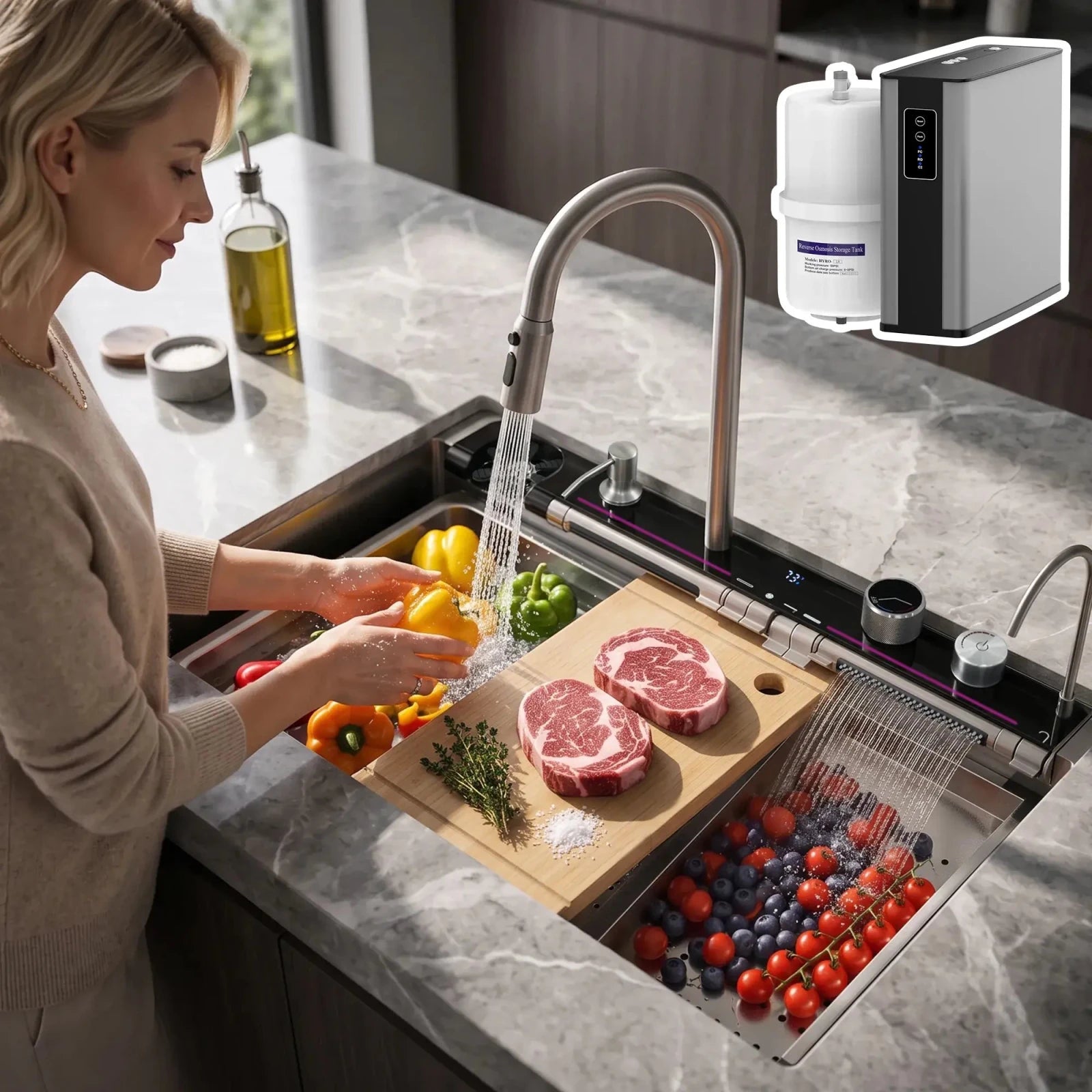 Lefton 33"x22" Workstation Kitchen Sink-KS2207L-PRO with Reverse Osmosis Water Filtration System-WF02 -kitchen Sinks and Water Filters- Lefton Home
