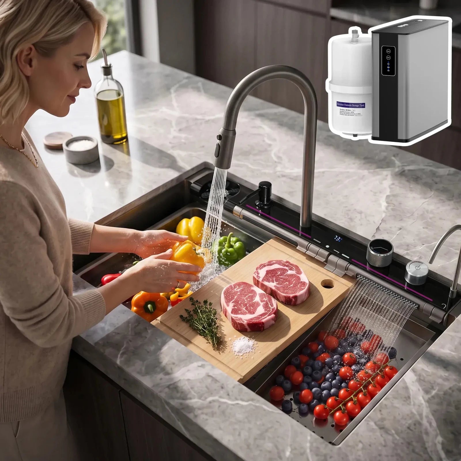 Lefton 33"x22" Workstation Kitchen Sink-KS2207L-PRO with Reverse Osmosis Water Filtration System-WF02 -kitchen Sinks and Water Filters- Lefton Home