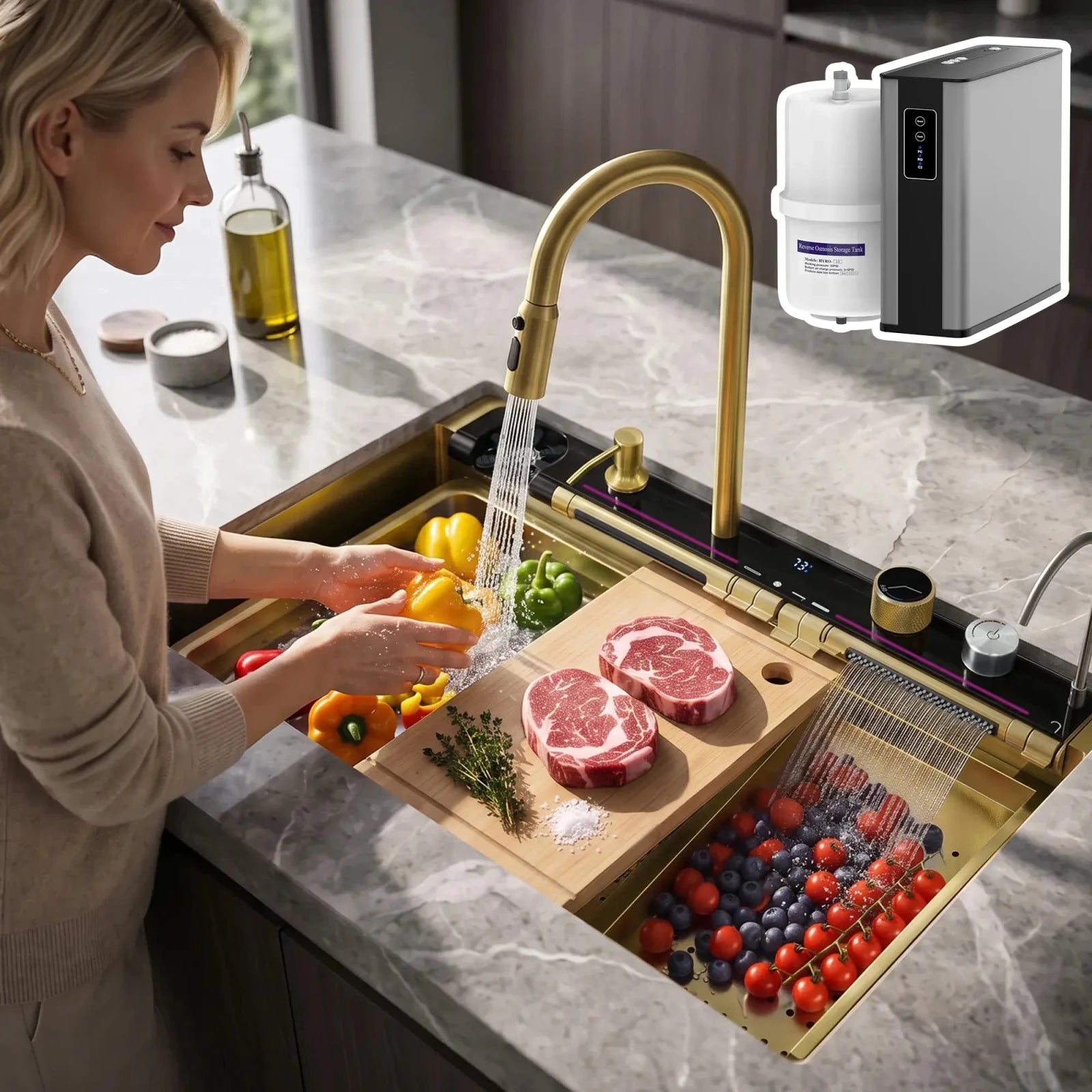 Lefton 33"x22" Workstation Kitchen Sink-KS2207L-PRO with Reverse Osmosis Water Filtration System-WF02 -kitchen Sinks and Water Filters- Lefton Home