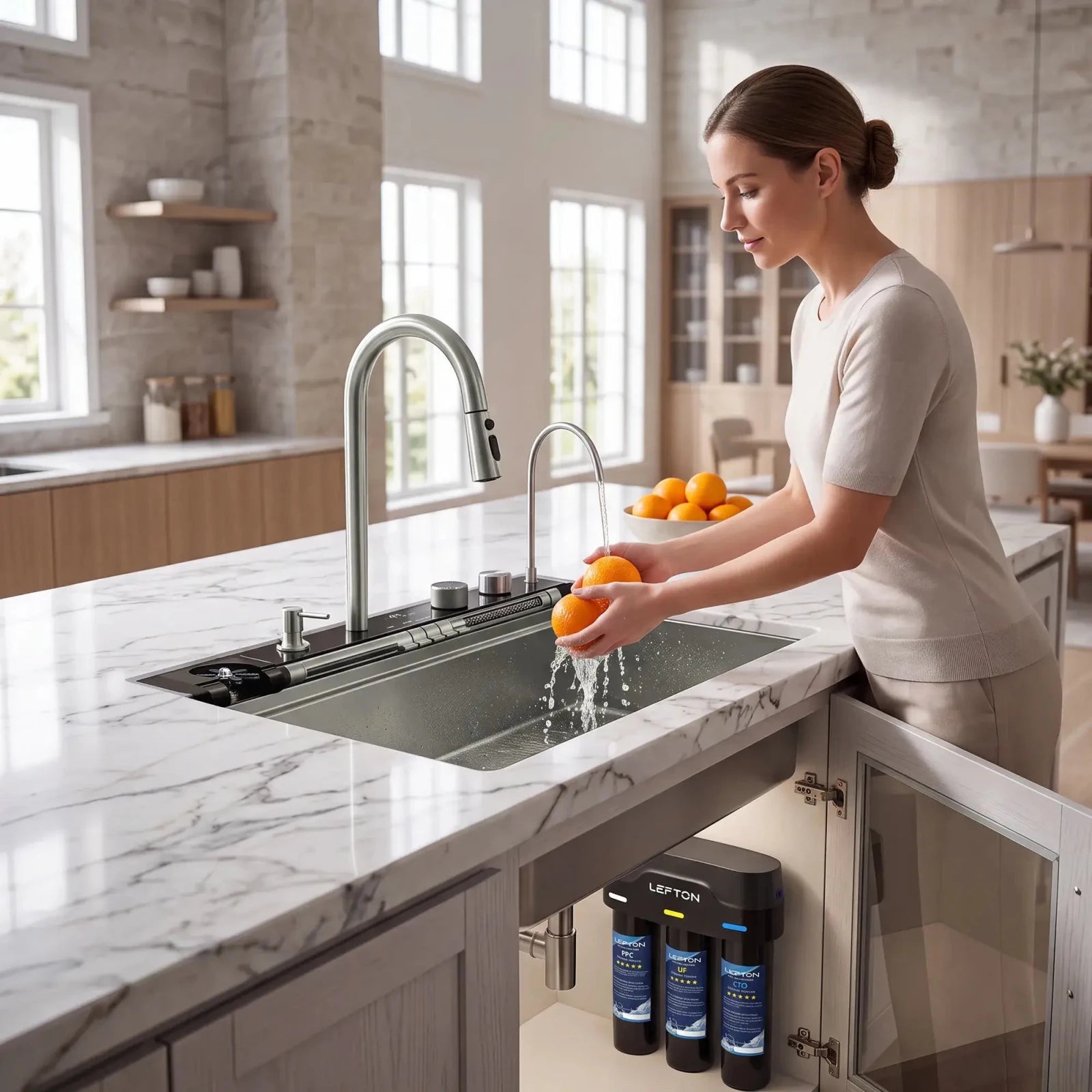 Lefton 33"x22" Workstation Kitchen Sink-KS2207L-PRO with Tankless Water Filtration System-WF01 -kitchen Sinks and Water Filters- Lefton Home