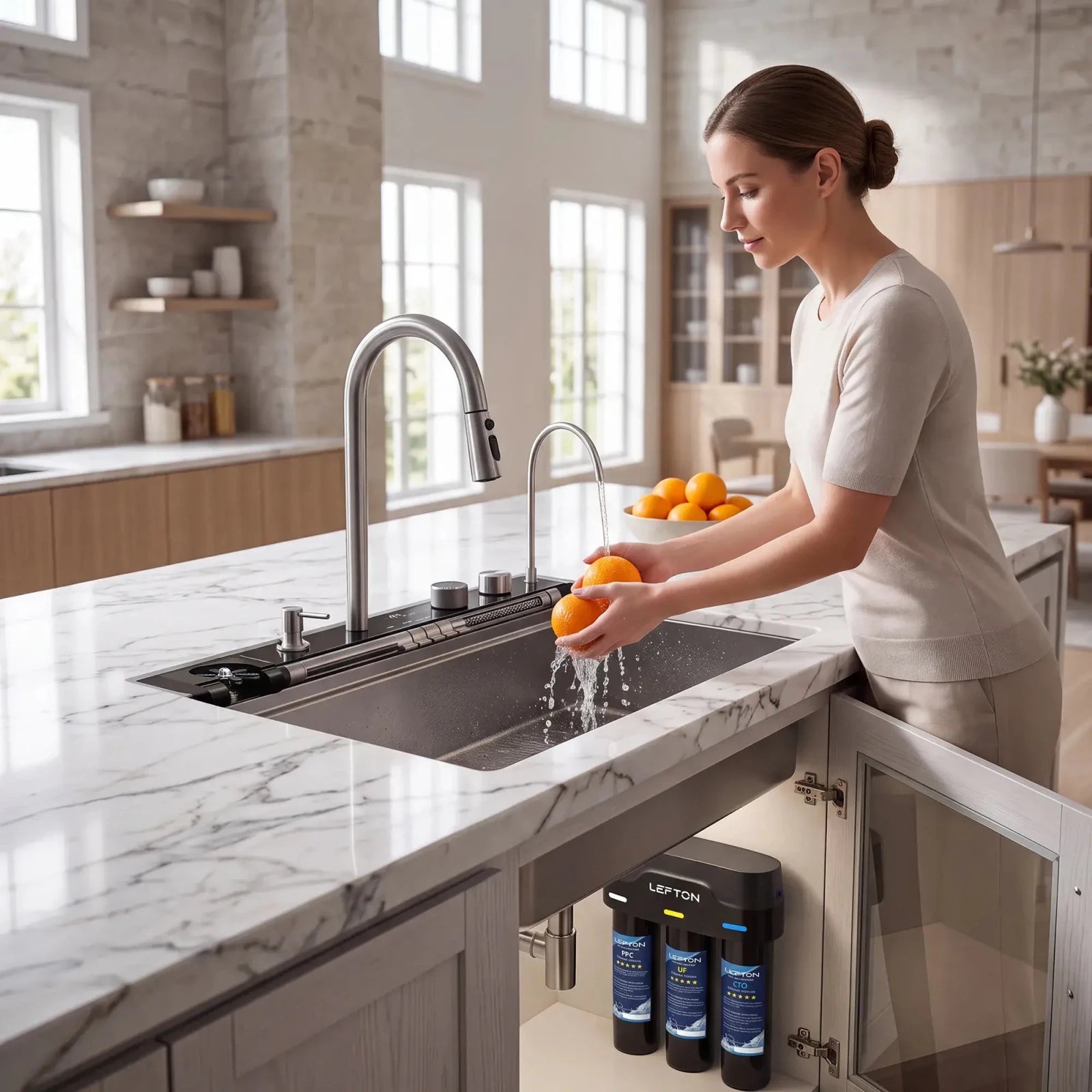 Lefton 33"x22" Workstation Kitchen Sink-KS2207L-PRO with Tankless Water Filtration System-WF01 -kitchen Sinks and Water Filters- Lefton Home