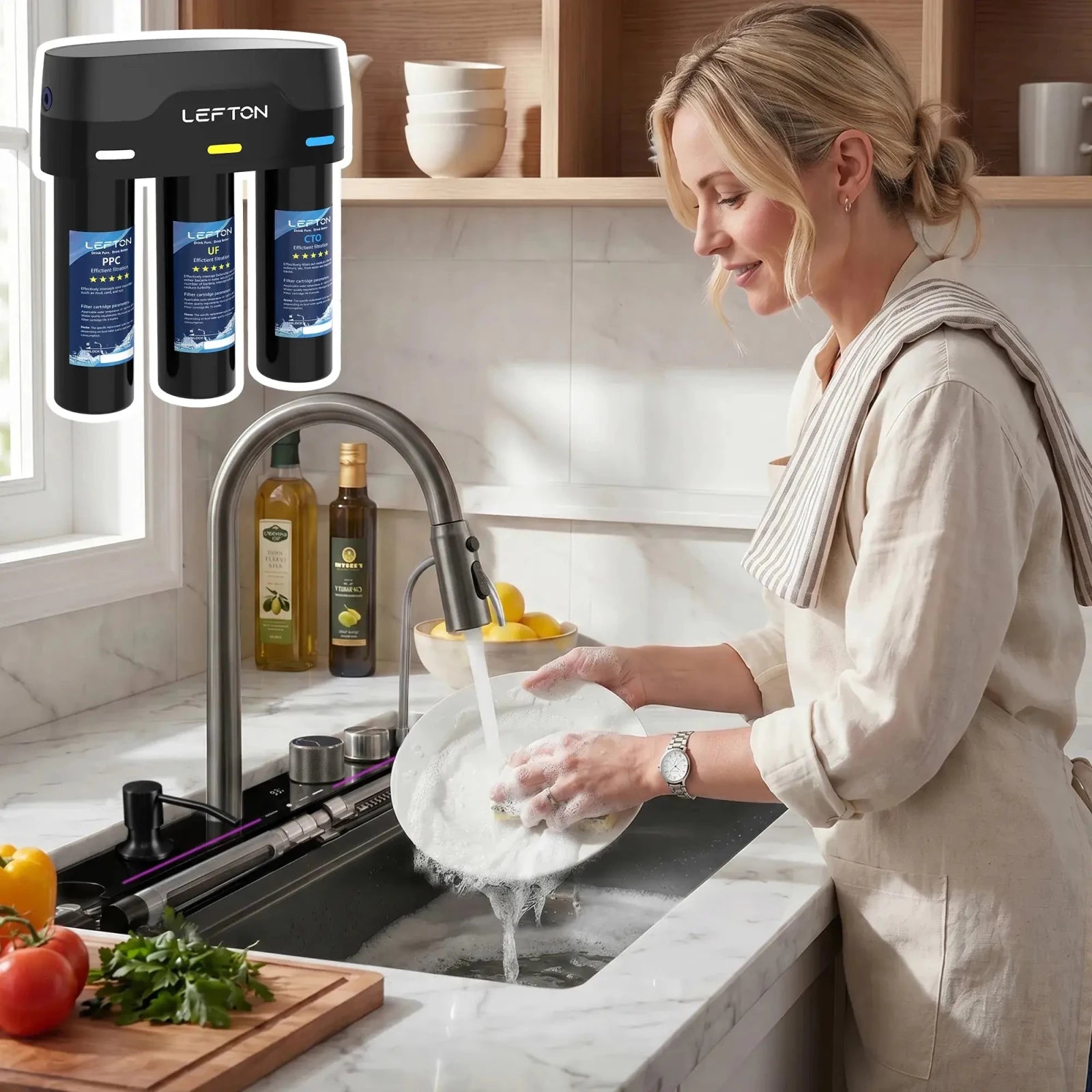 Lefton 33"x22" Workstation Kitchen Sink-KS2207L-PRO with Tankless Water Filtration System-WF01 -kitchen Sinks and Water Filters- Lefton Home