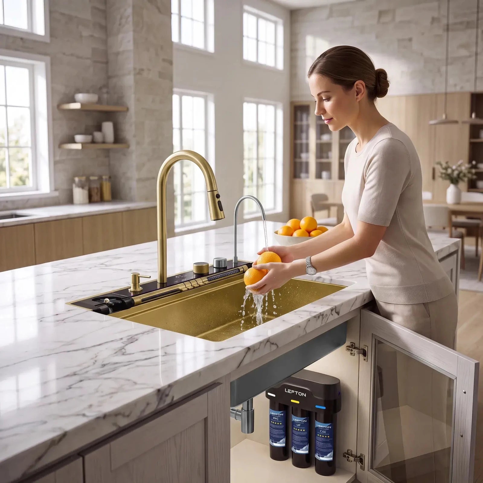 Lefton 33"x22" Workstation Kitchen Sink-KS2207L-PRO with Tankless Water Filtration System-WF01 -kitchen Sinks and Water Filters- Lefton Home