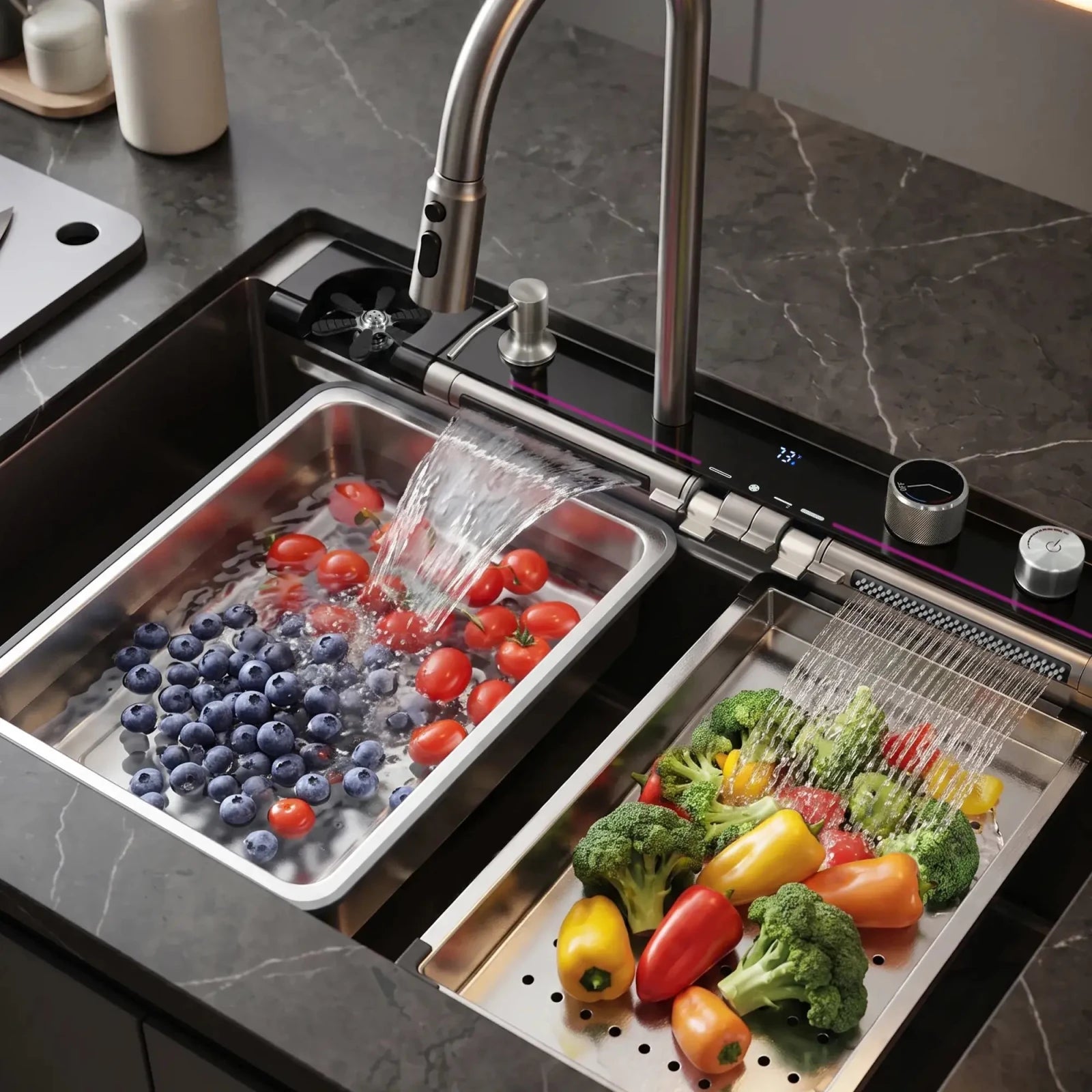 Lefton 33"x22" Workstation Kitchen Sink with Pull-Out Faucet & Digital Display-KS2207L-PRO -Kitchen Sinks- Lefton Home