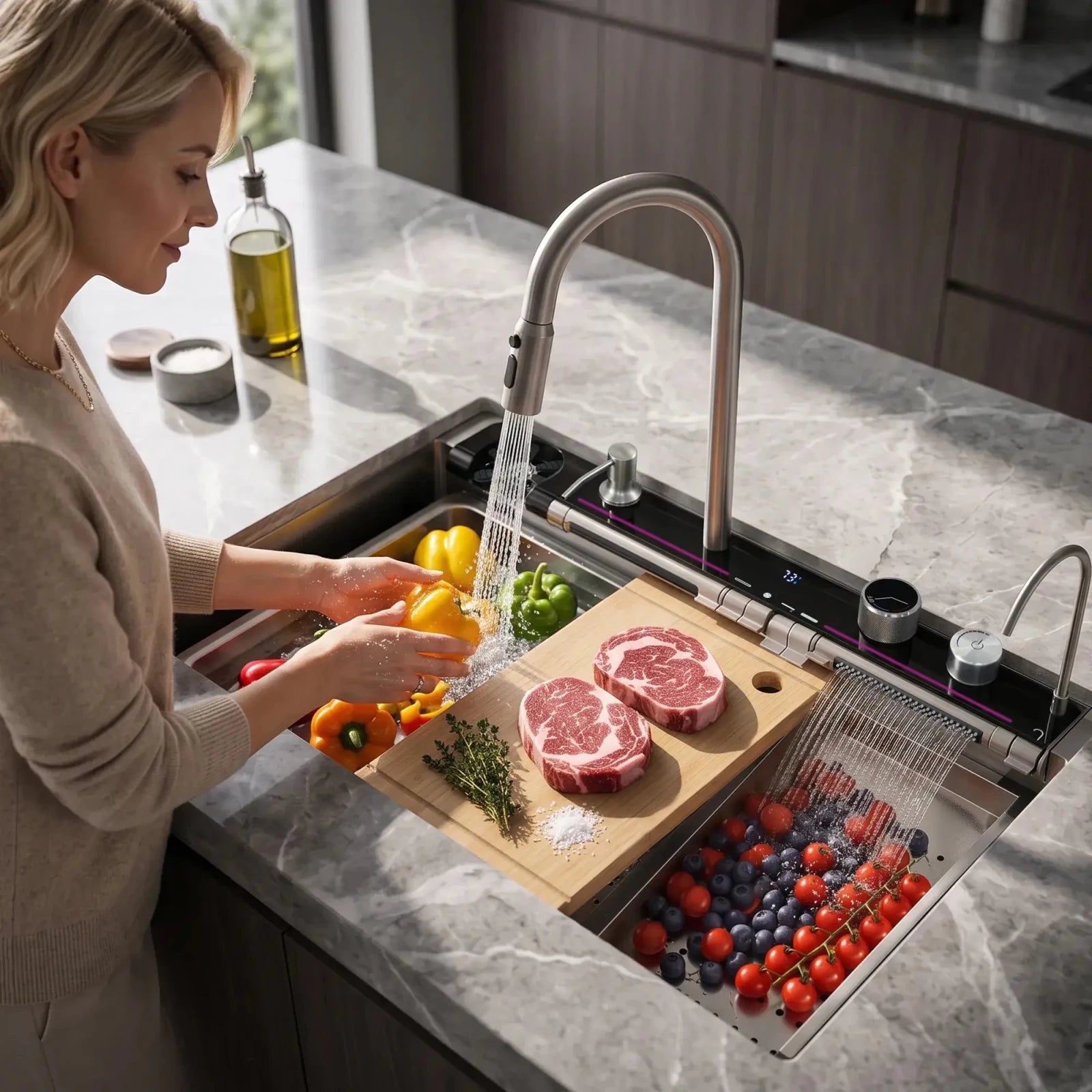 Lefton 33"x22" Workstation Kitchen Sink with Pull-Out Faucet & Digital Display-KS2207L-PRO -Kitchen Sinks- Lefton Home