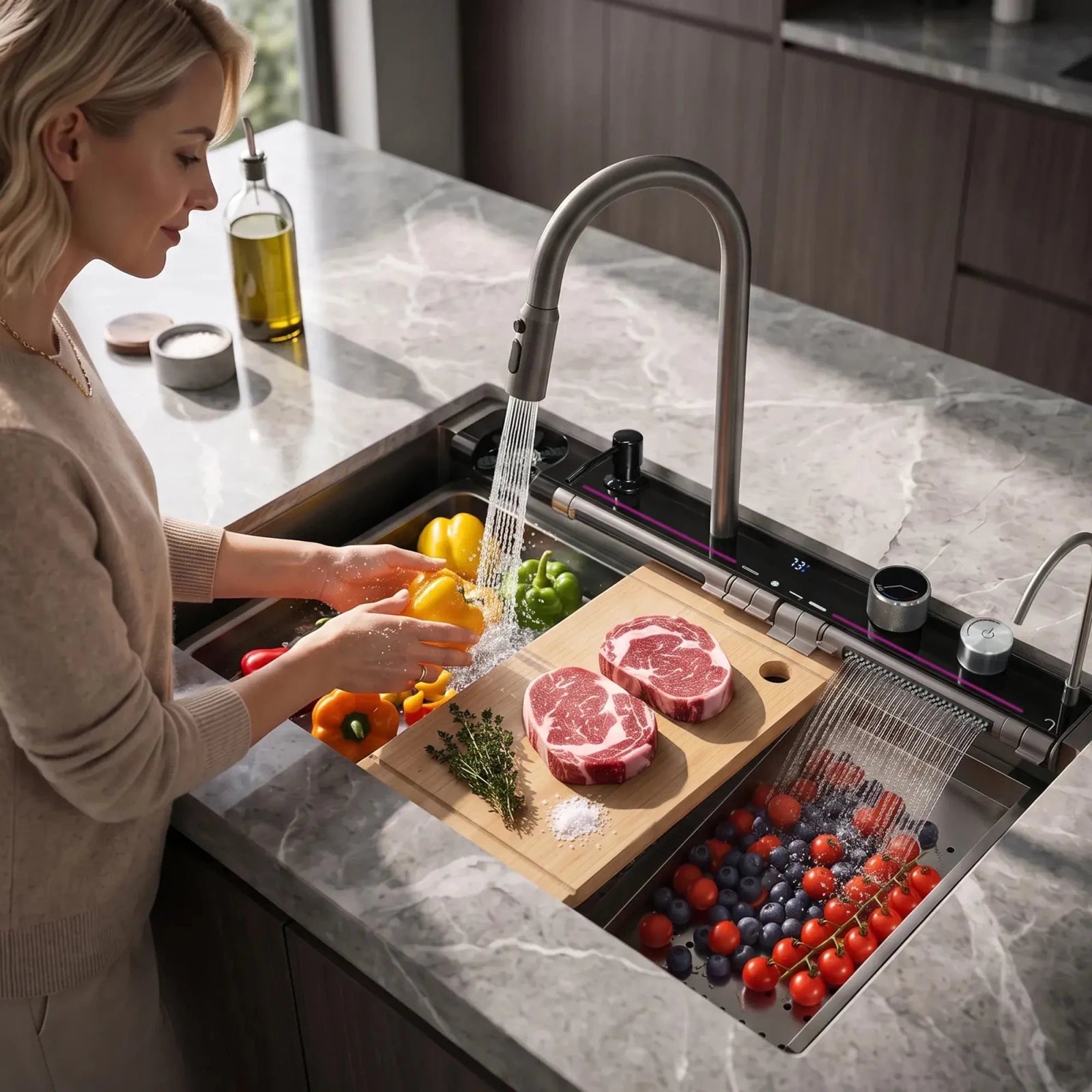 Lefton 33"x22" Workstation Kitchen Sink with Pull-Out Faucet & Digital Display-KS2207L-PRO -Kitchen Sinks- Lefton Home