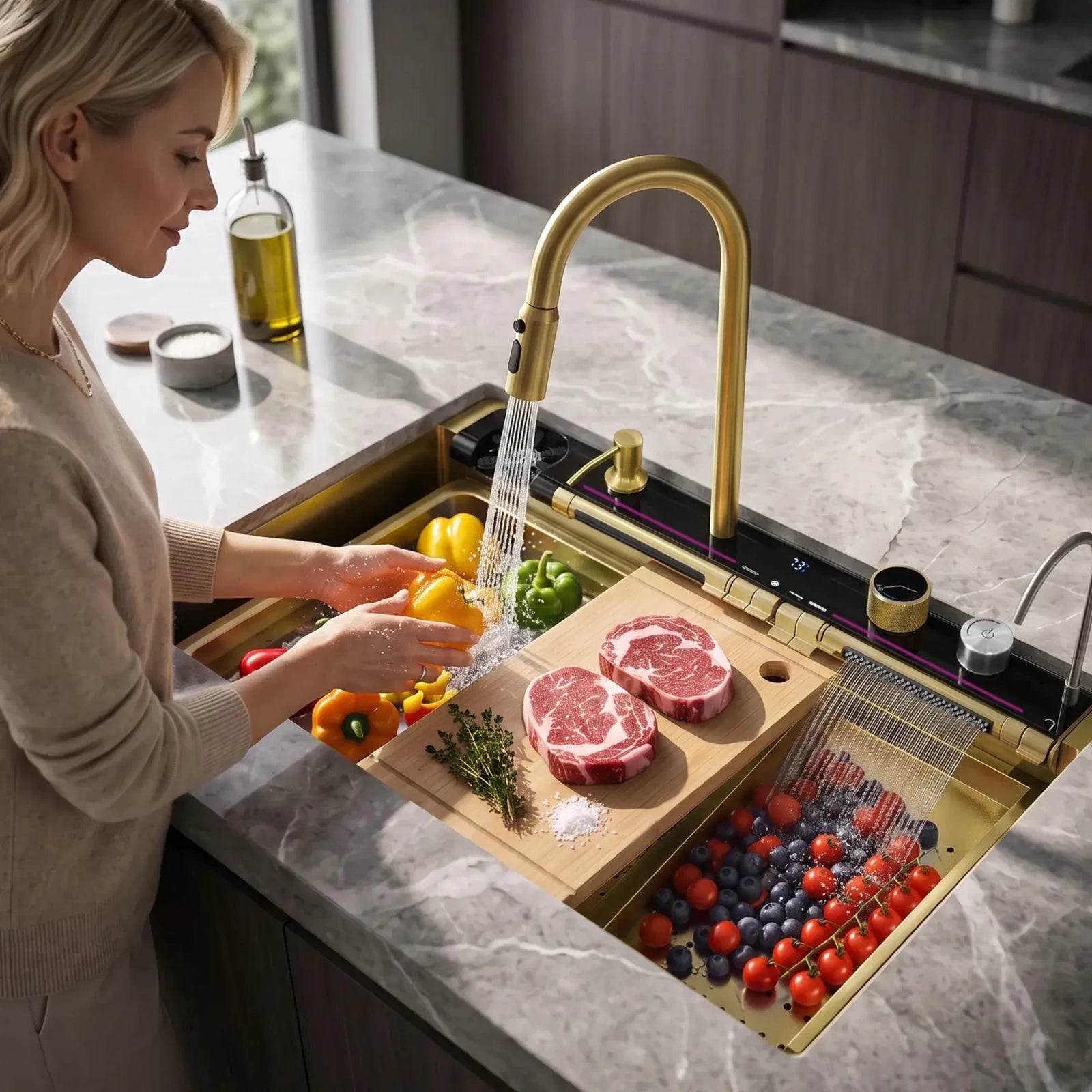 Lefton 33"x22" Workstation Kitchen Sink with Pull-Out Faucet & Digital Display-KS2207L-PRO -Kitchen Sinks- Lefton Home