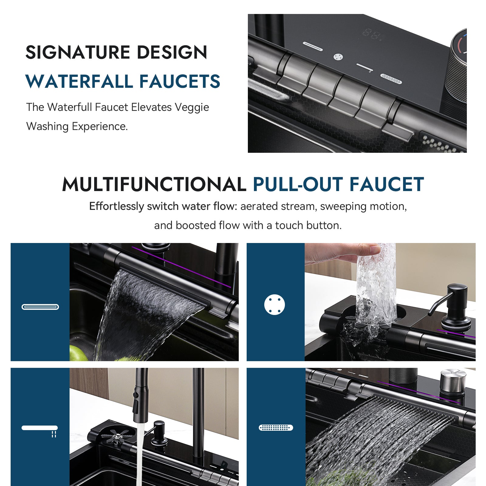 Lefton Adjustable Waterfall Faucet Kitchen Sink with Digital Temperature Display & LED Lighting - KS2207 - Kitchen Sinks - Lefton Home