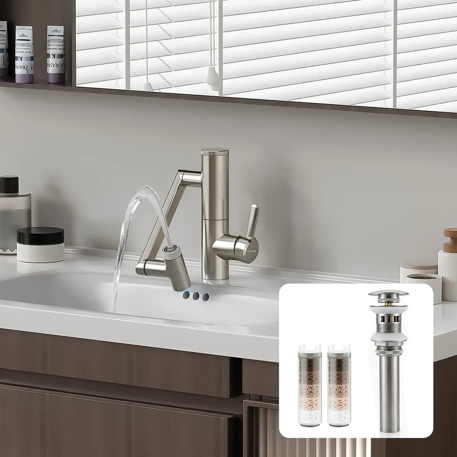 Lefton Built-in Filter Bathroom Faucet-BPF01 with Drain Stopper and Replacement Filter-BPF01-FT -Bathroom Faucets- Lefton Home