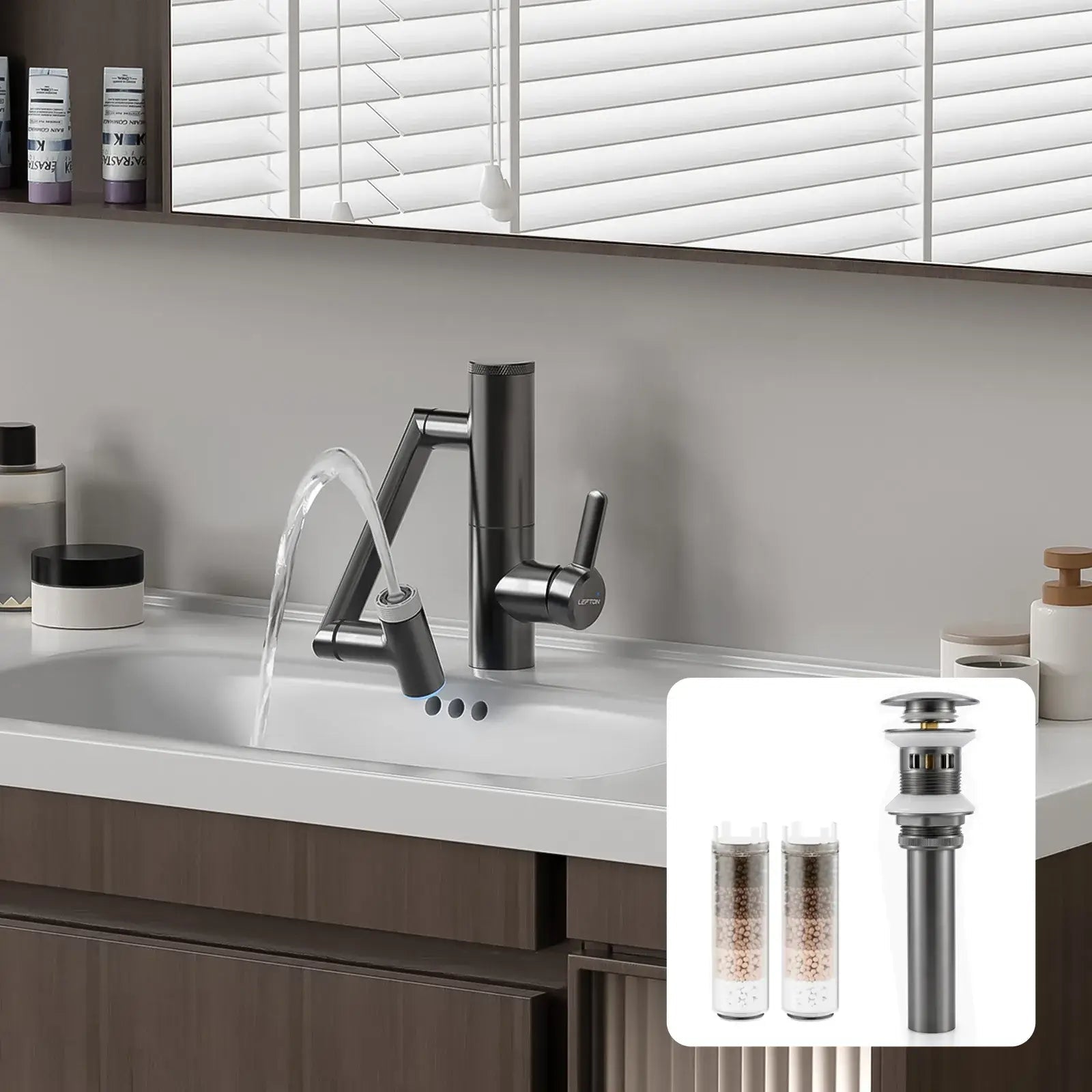 Lefton Built-in Filter Bathroom Faucet-BPF01 with Drain Stopper and Replacement Filter-BPF01-FT -Bathroom Faucets- Lefton Home