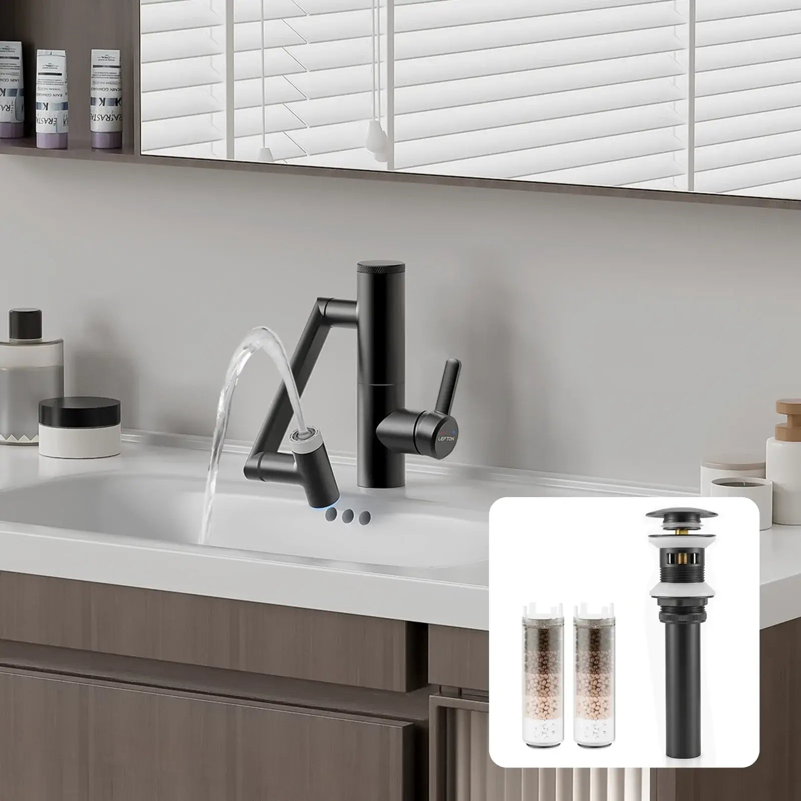 Lefton Built-in Filter Bathroom Faucet-BPF01 with Drain Stopper and Replacement Filter-BPF01-FT -Bathroom Faucets- Lefton Home