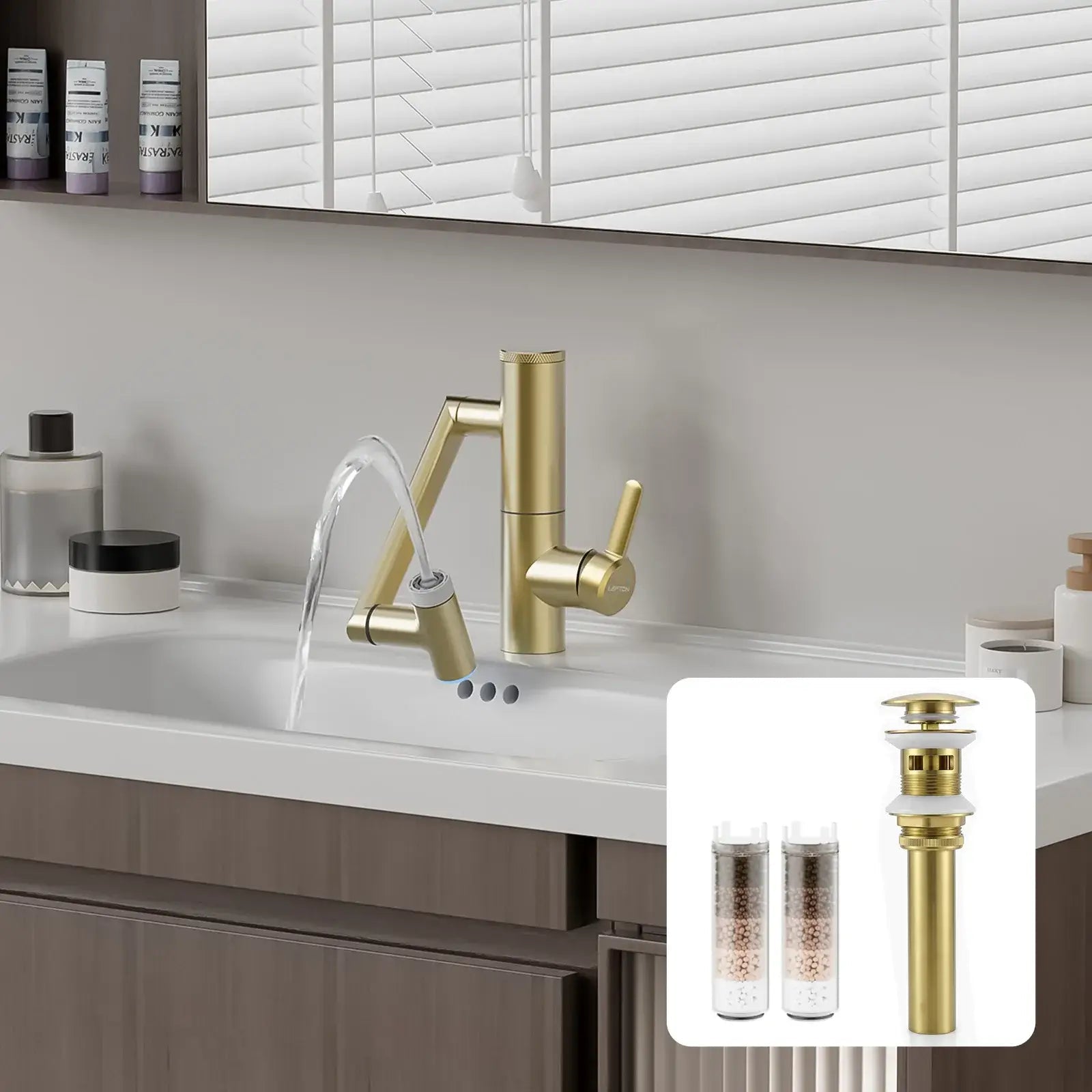 Lefton Built-in Filter Bathroom Faucet-BPF01 with Drain Stopper and Replacement Filter-BPF01-FT -Bathroom Faucets- Lefton Home