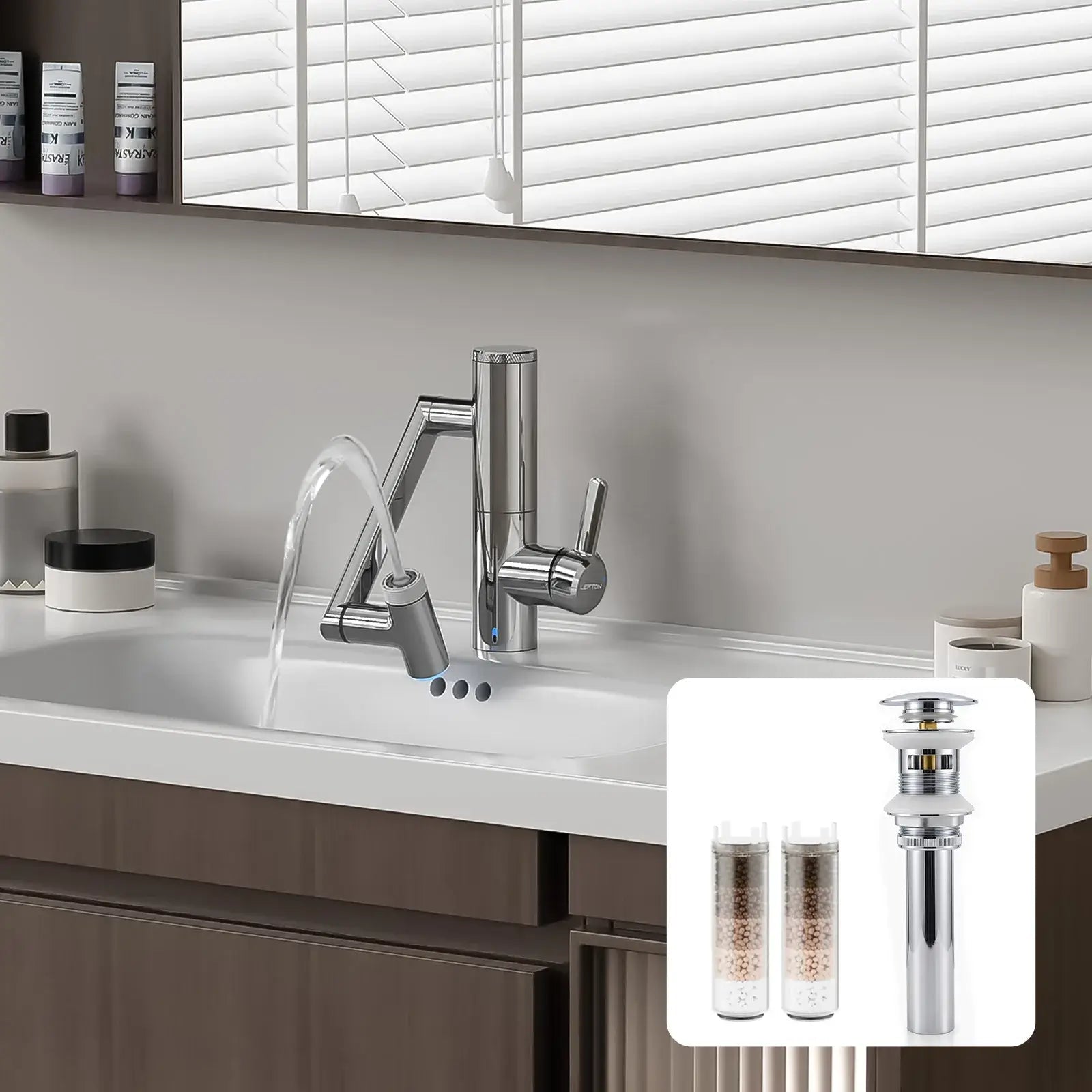 Lefton Built-in Filter Bathroom Faucet-BPF01 with Drain Stopper and Replacement Filter-BPF01-FT -Bathroom Faucets- Lefton Home