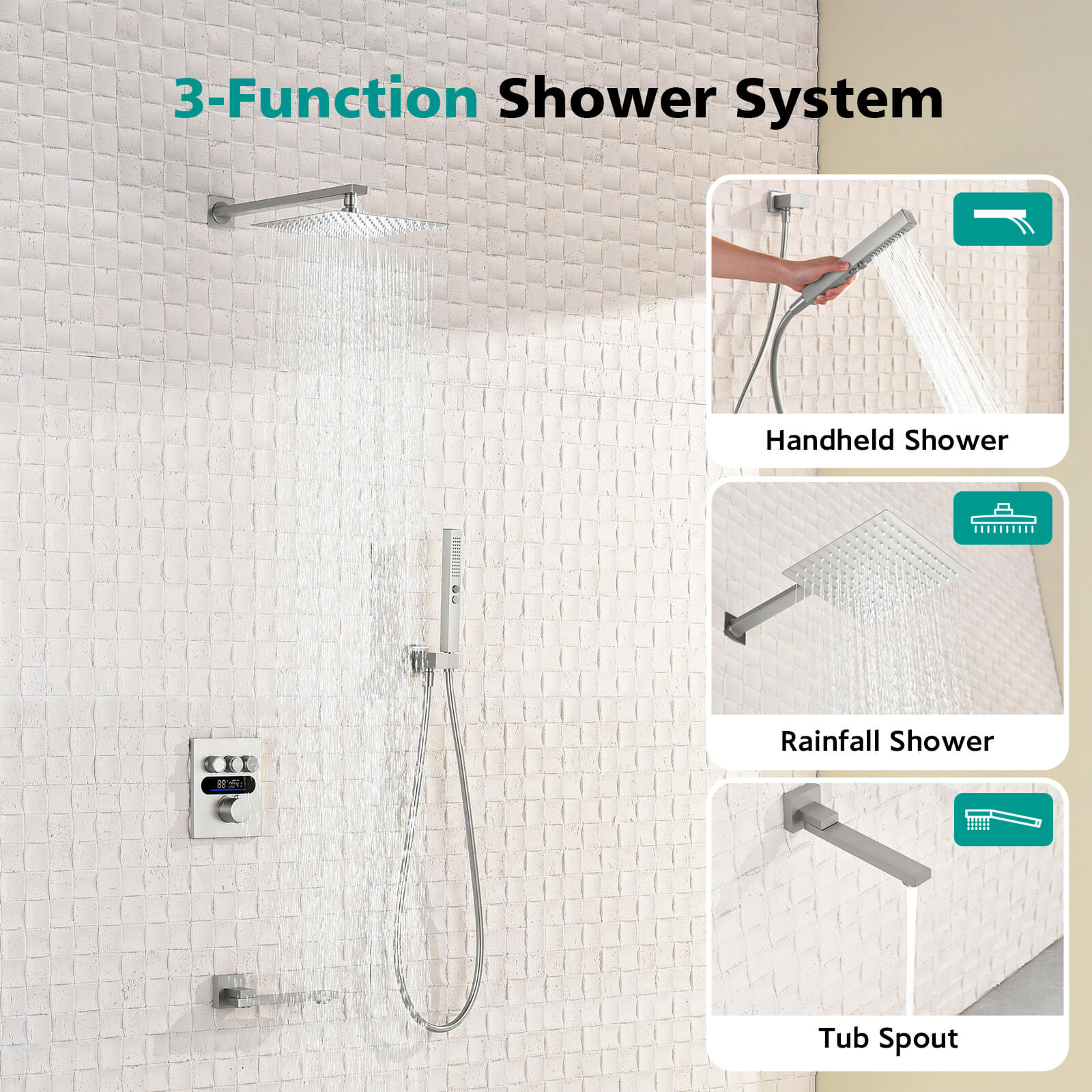 Lefton Concealed Rainfall Thermostatic Shower System with Handheld & Tub Spout and Temperature Display - SSWM2502 - Shower Systems - Lefton Home