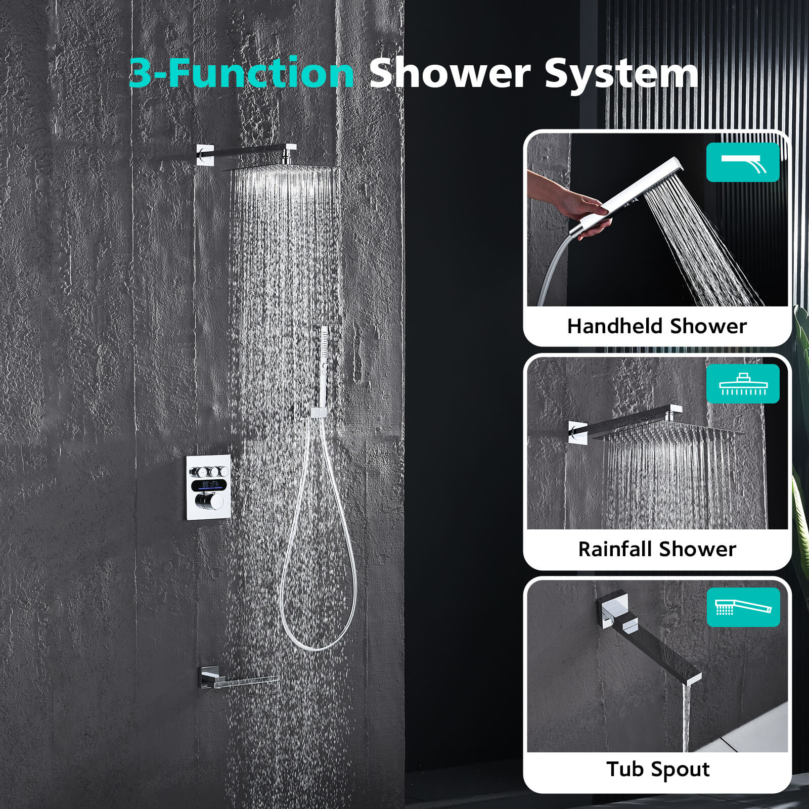 Lefton Concealed Rainfall Thermostatic Shower System with Handheld & Tub Spout and Temperature Display - SSWM2502 - Shower Systems - Lefton Home