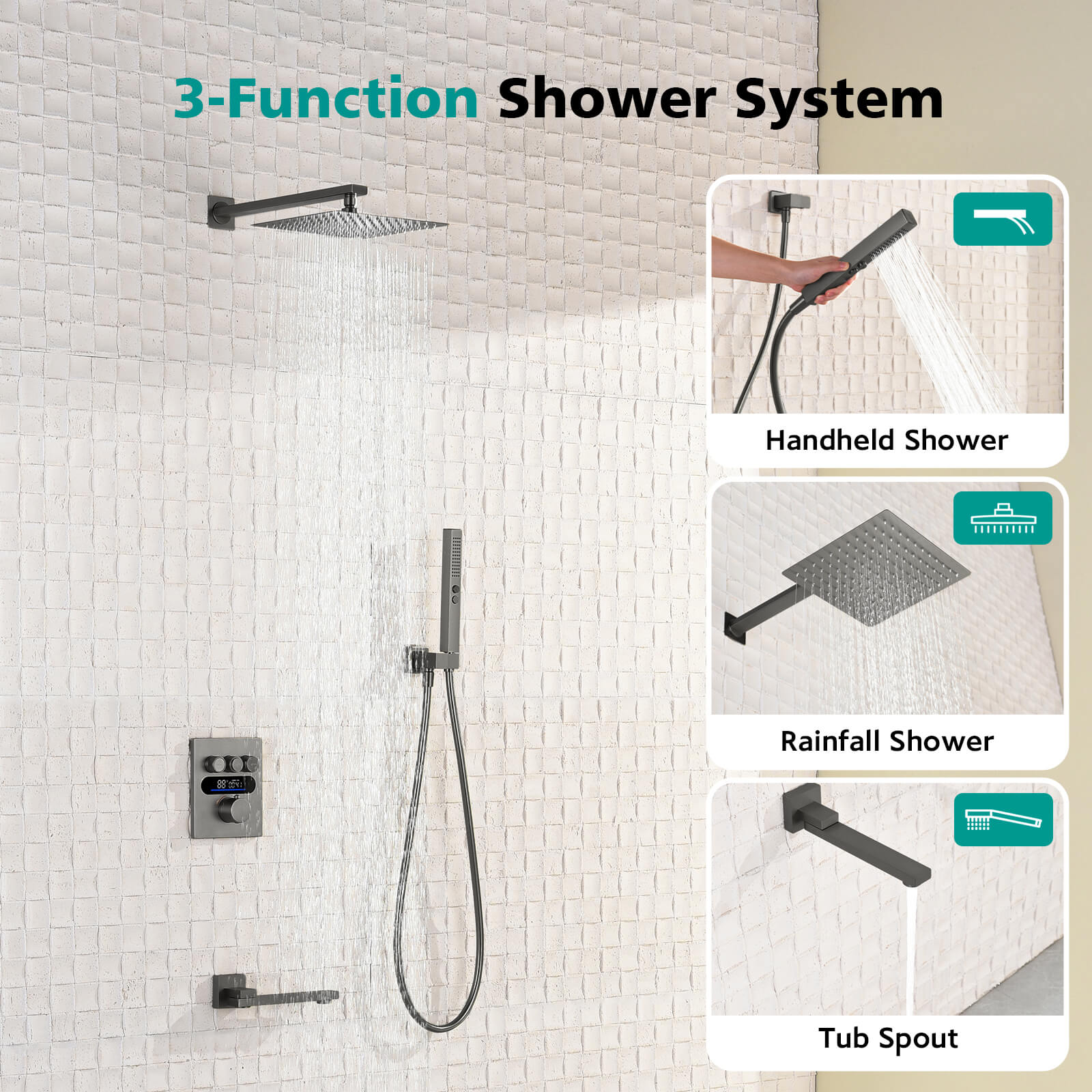 Lefton Concealed Rainfall Thermostatic Shower System with Handheld & Tub Spout and Temperature Display - SSWM2502 - Shower Systems - Lefton Home