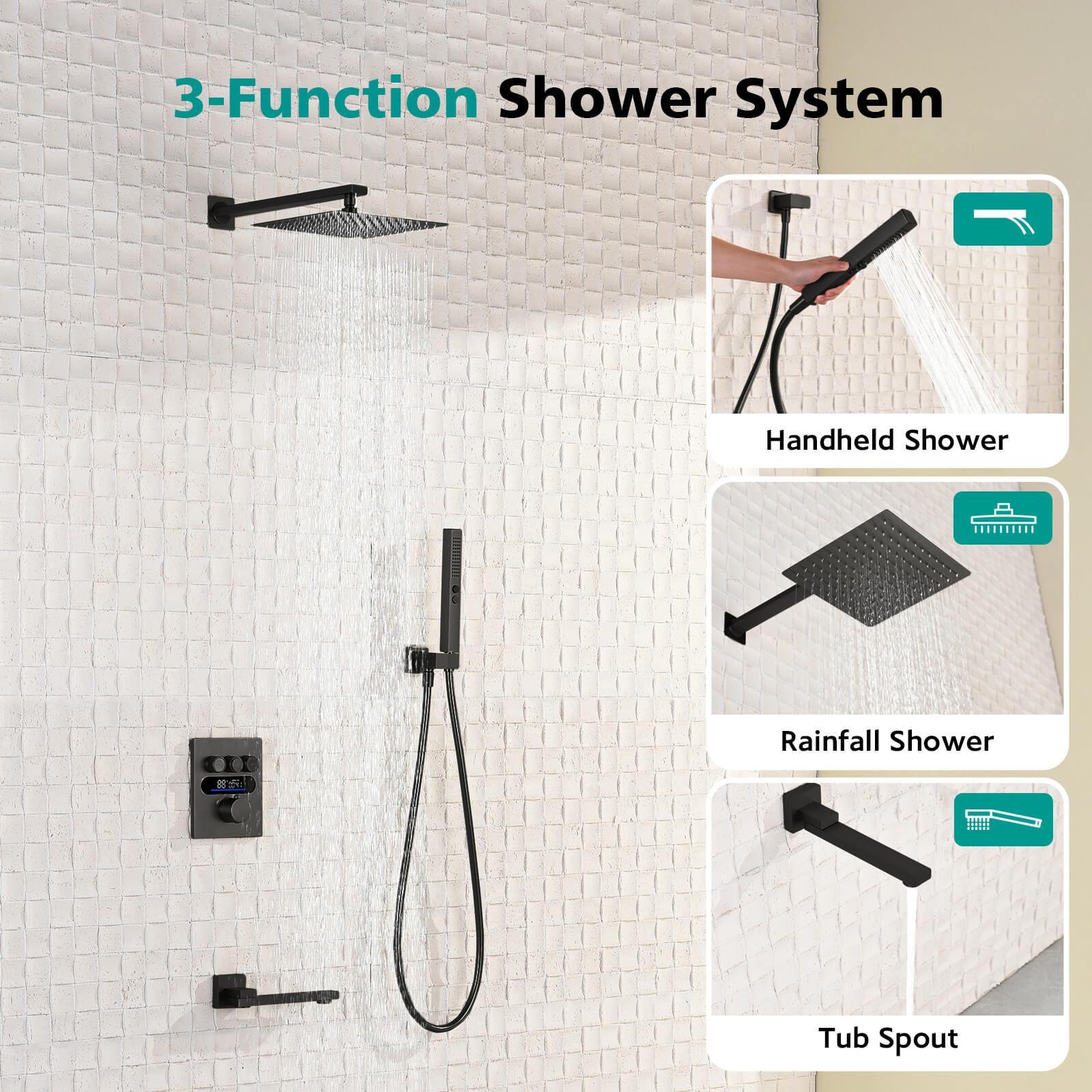 Lefton Concealed Rainfall Thermostatic Shower System with Handheld & Tub Spout and Temperature Display - SSWM2502 - Shower Systems - Lefton Home