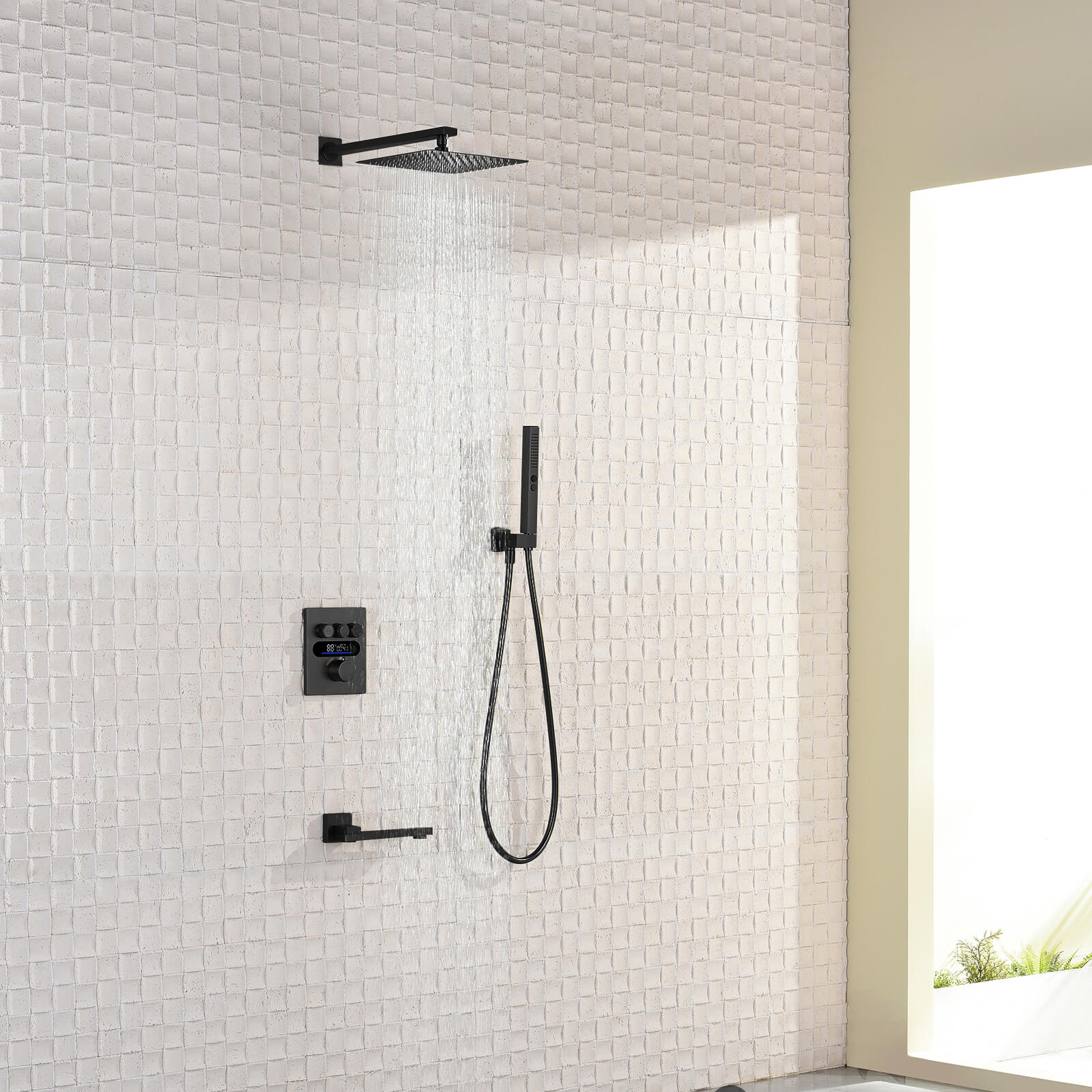 Lefton Concealed Rainfall Thermostatic Shower System with Handheld & Tub Spout and Temperature Display - SSWM2502 - Shower Systems - Lefton Home