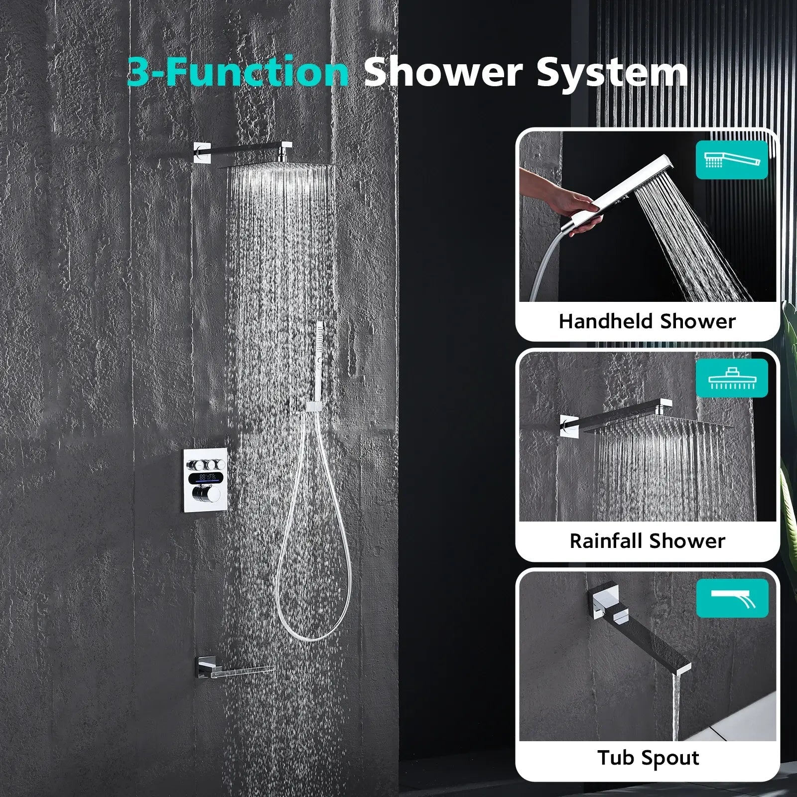 Lefton Concealed Rainfall Thermostatic Shower System with Handheld & Tub Spout and Temperature Display - SSWM2502 - Shower Systems - Lefton Home