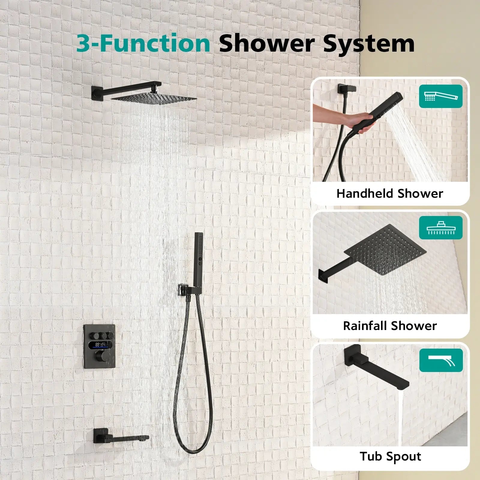 Lefton Concealed Rainfall Thermostatic Shower System with Handheld & Tub Spout and Temperature Display - SSWM2502 - Shower Systems - Lefton Home
