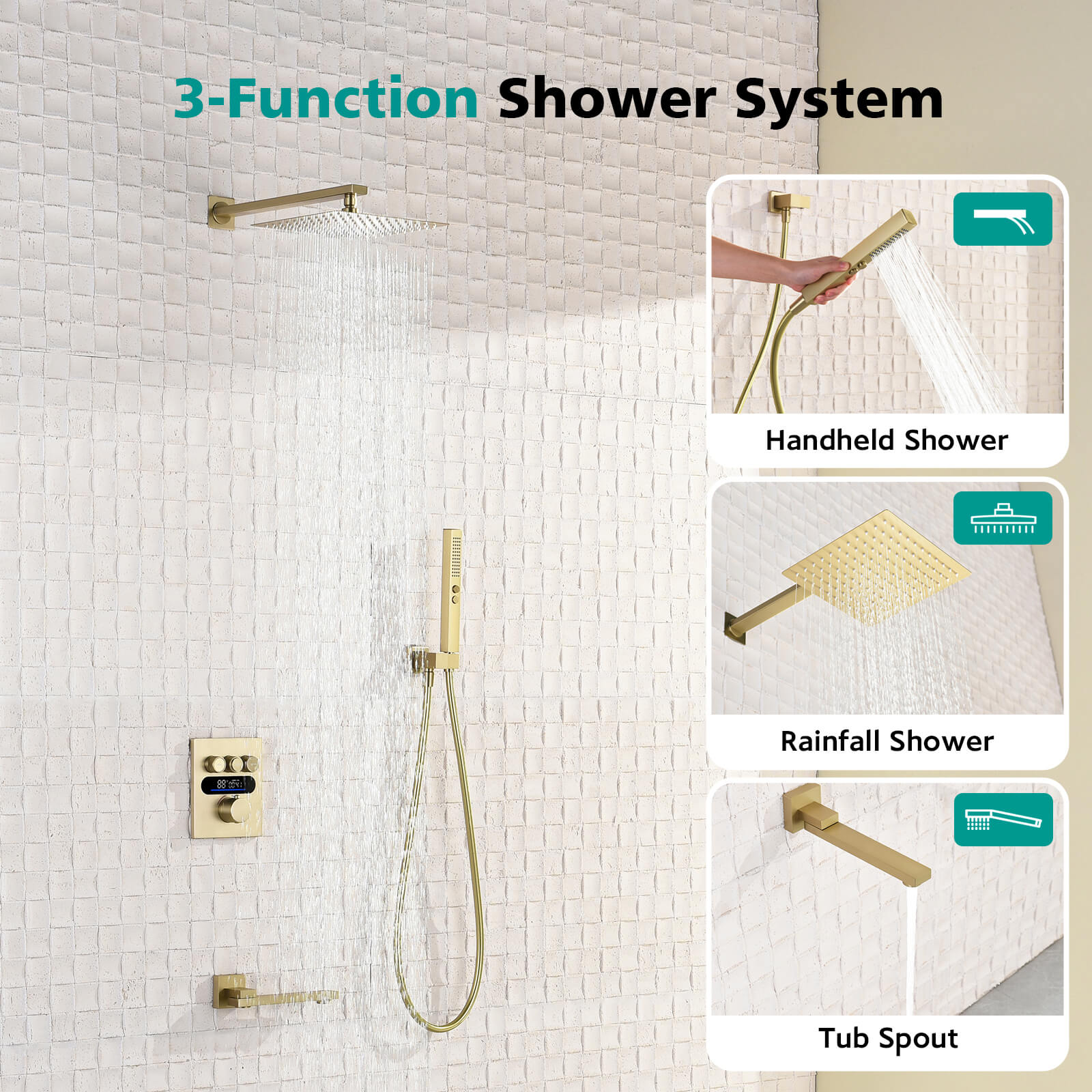 Lefton Concealed Rainfall Thermostatic Shower System with Handheld & Tub Spout and Temperature Display - SSWM2502 - Shower Systems - Lefton Home